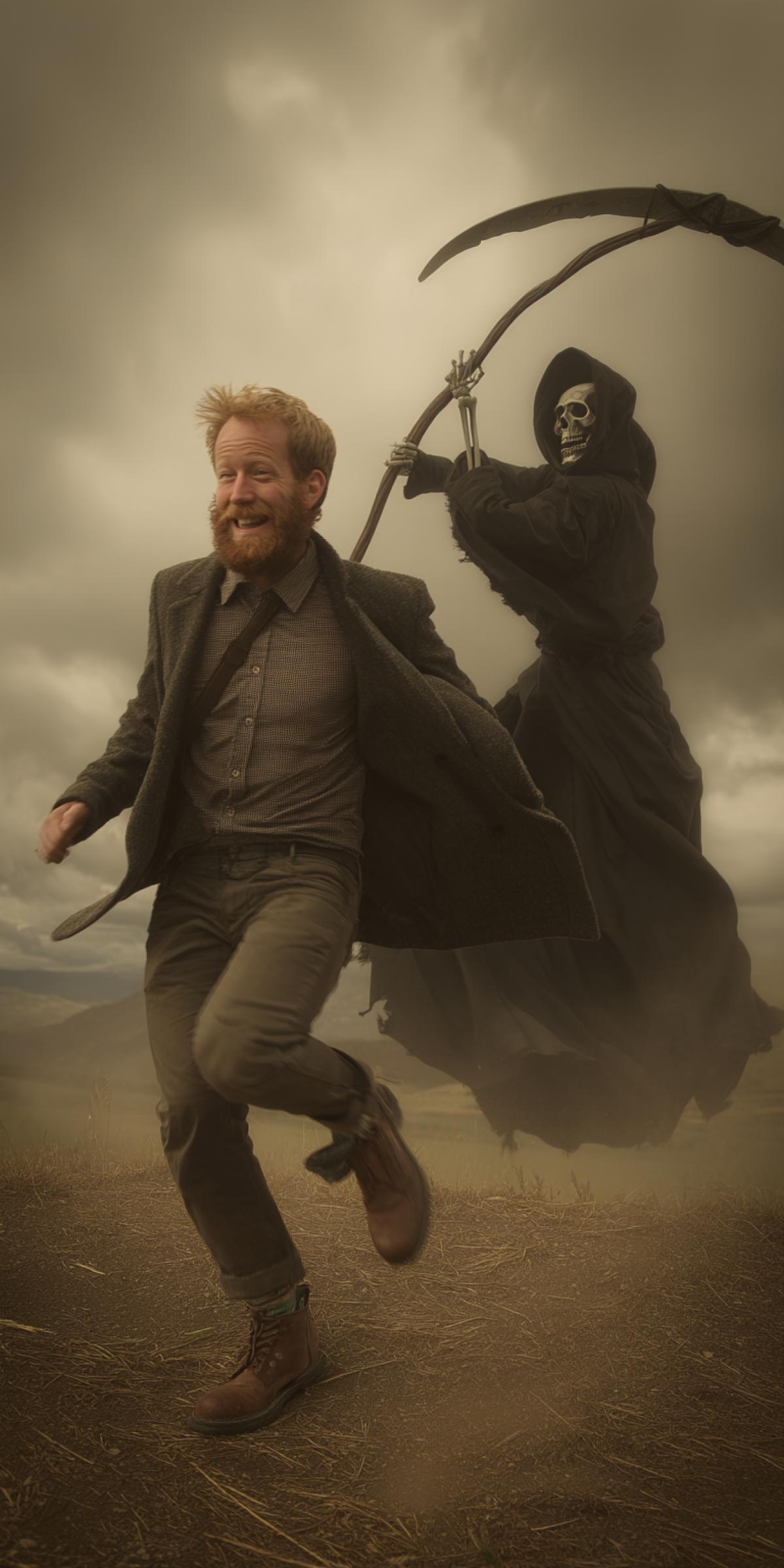 A dynamic photo. A happy man, stumbling and tripping, runs headlong toward the camera. Behind him, grim Death chases, swinging his scythe.