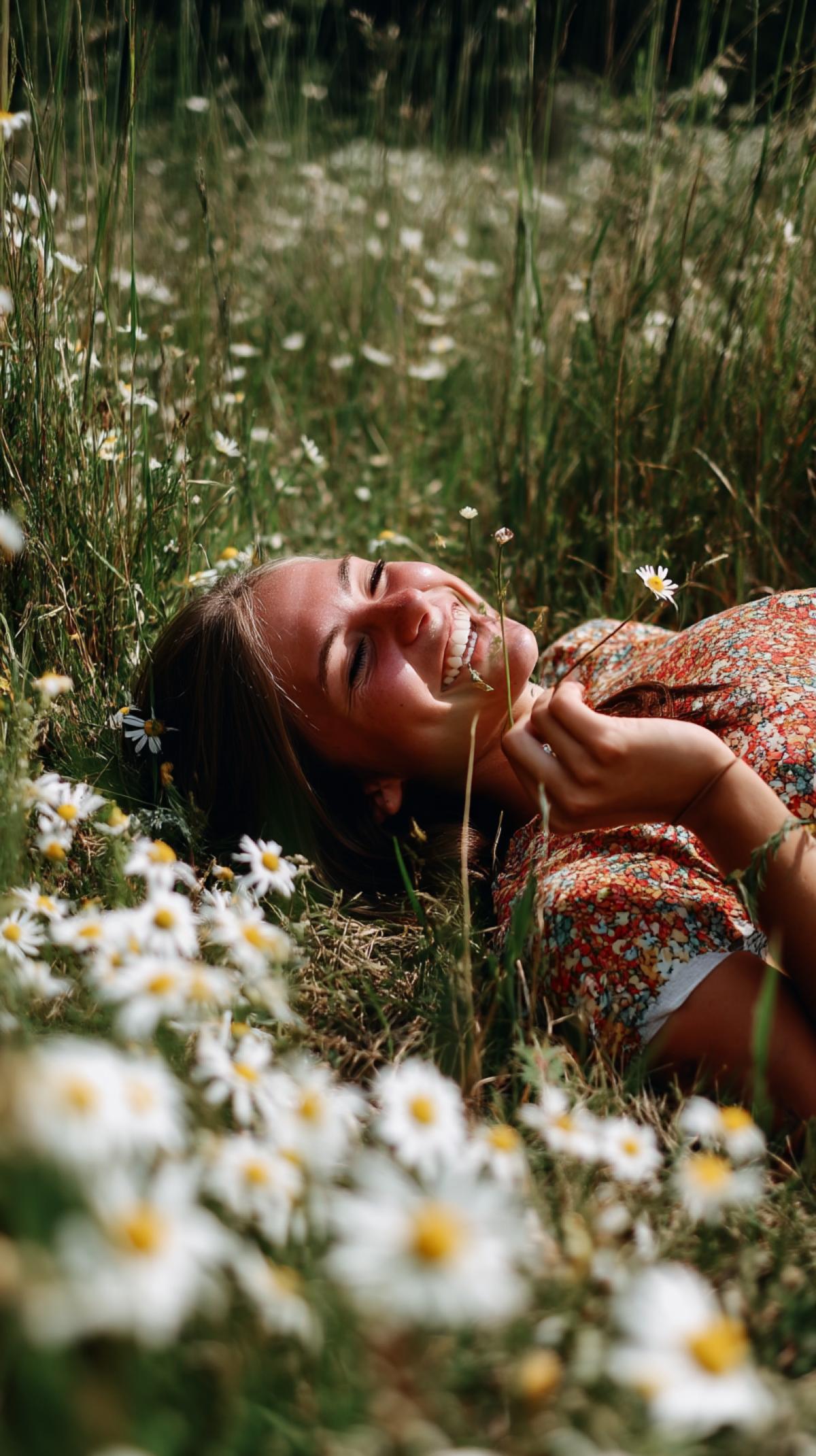 a photo of a chamomile field, a girl lying in a field, happy, with a blade of grass in her mouth