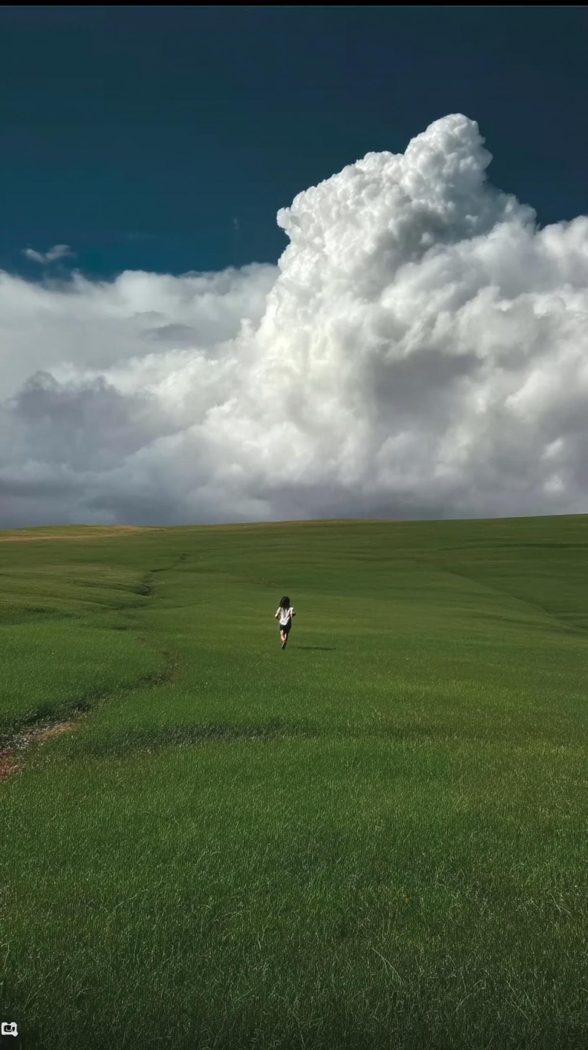 a girl runs across a green plain, clouds on the horizon, photo