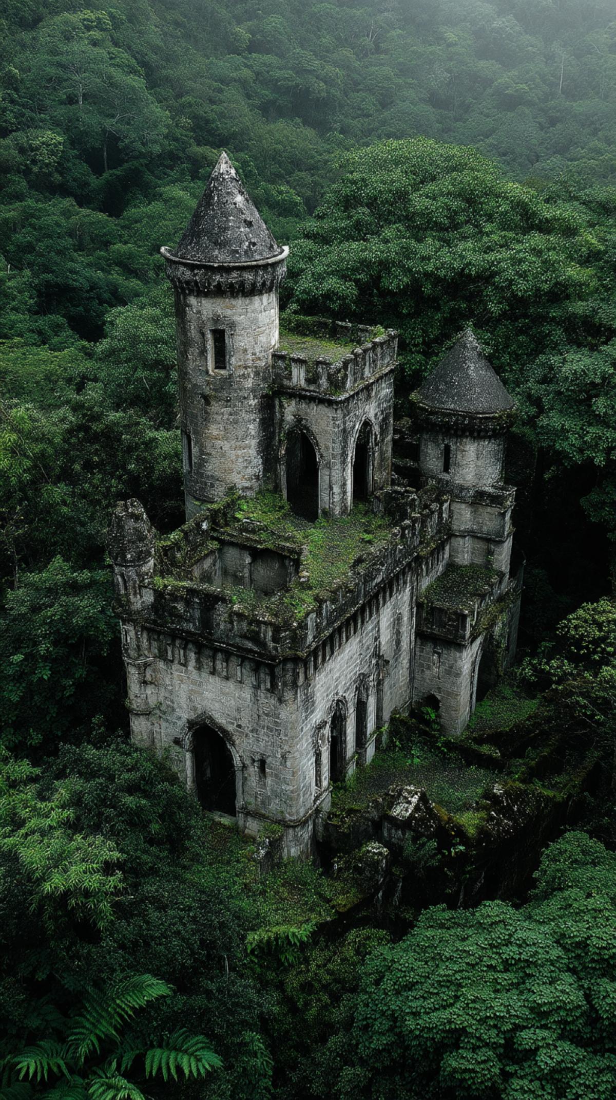 A photo of an apocalyptic castle, abandoned and captured by nature, in a gray-stone and greenish-deciduous color scheme, against the background of an overgrown forest