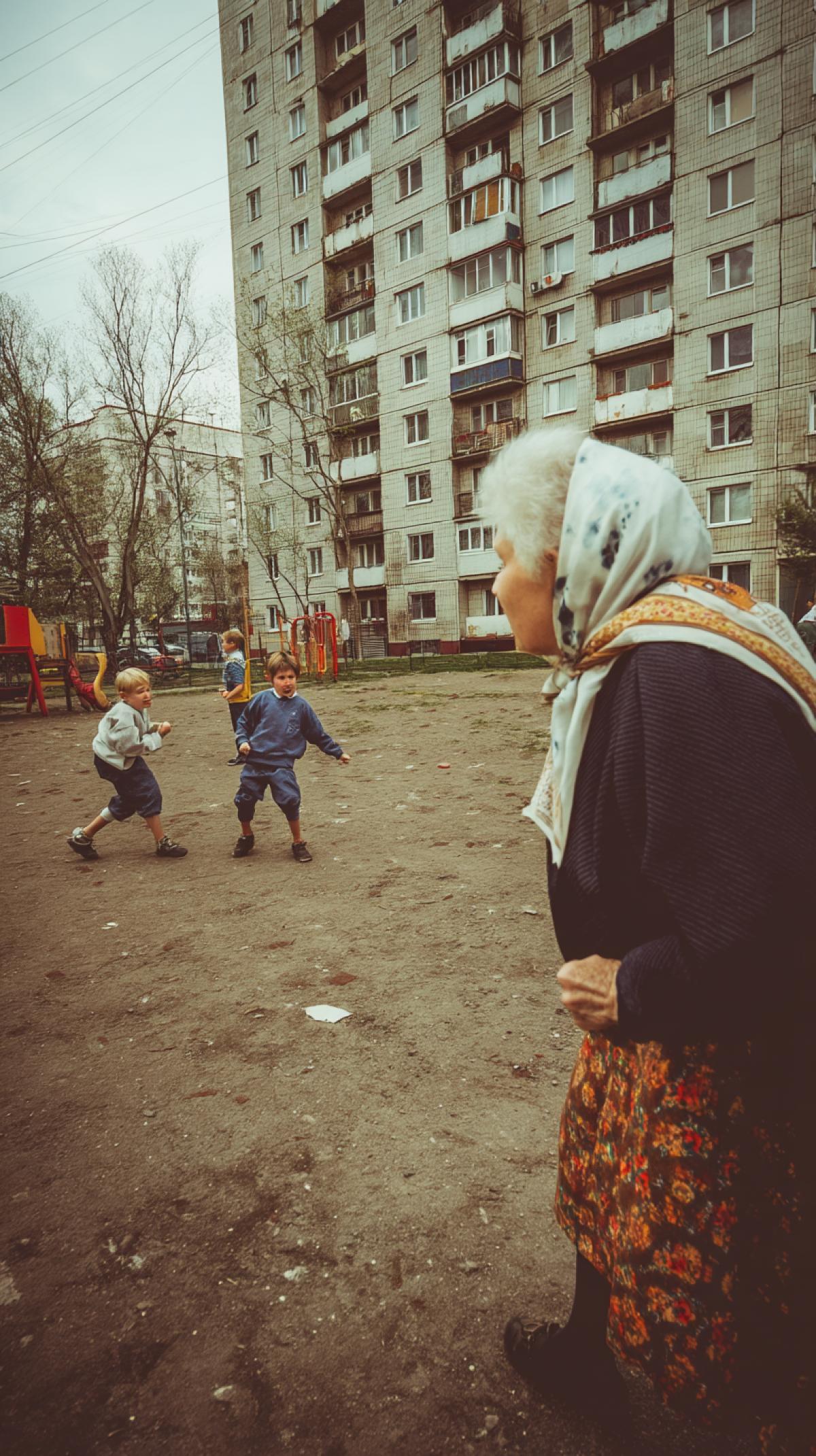 photo of an evil old grandmother in a headscarf near an apartment building, Russia in the 90s, children are playing on the playground, the grandmother scolds the children, shakes her fist at them