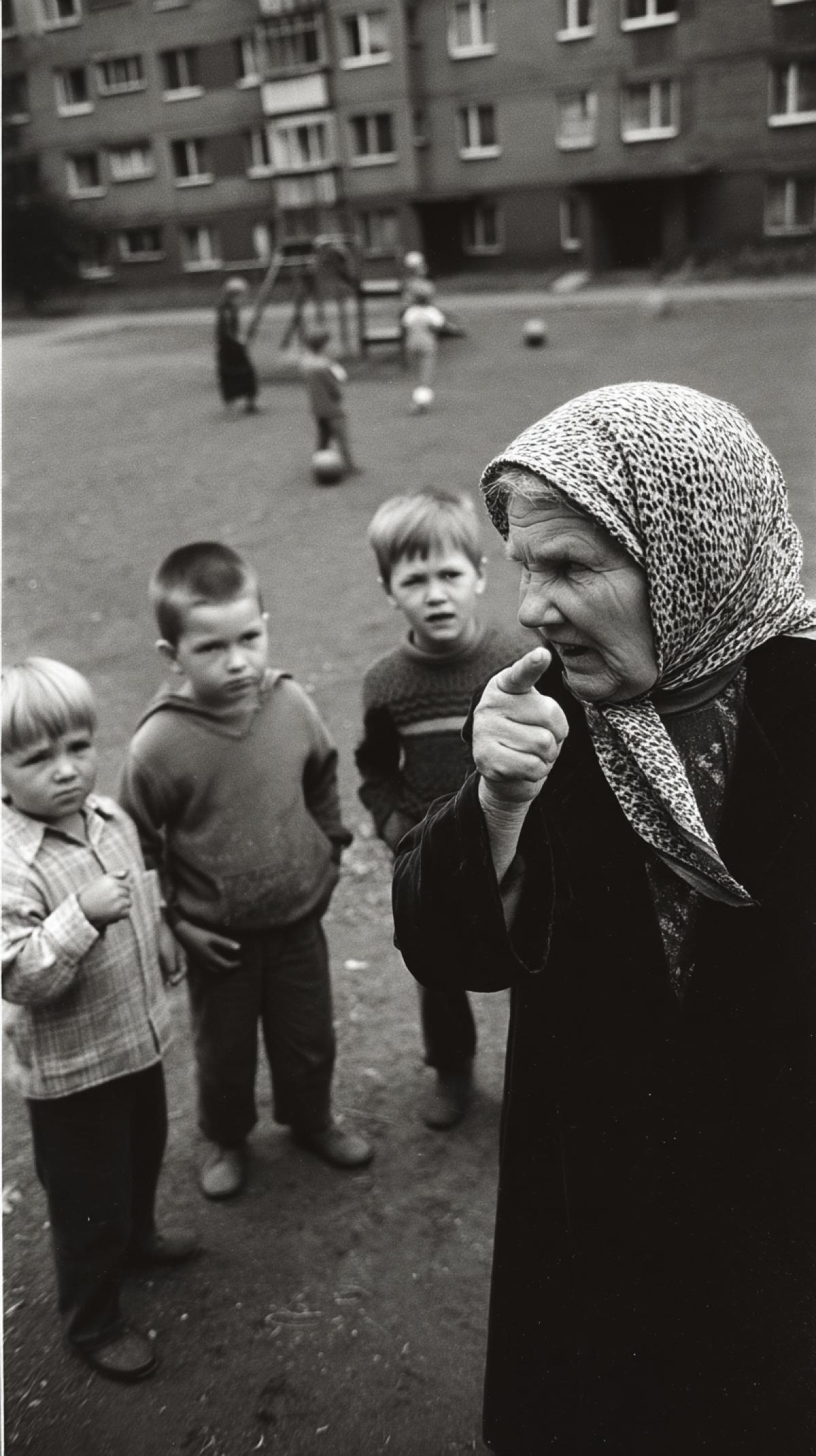 photo of an evil old grandmother in a headscarf near an apartment building, Russia in the 90s, children are playing on the playground, the grandmother scolds the children, shakes her fist at them