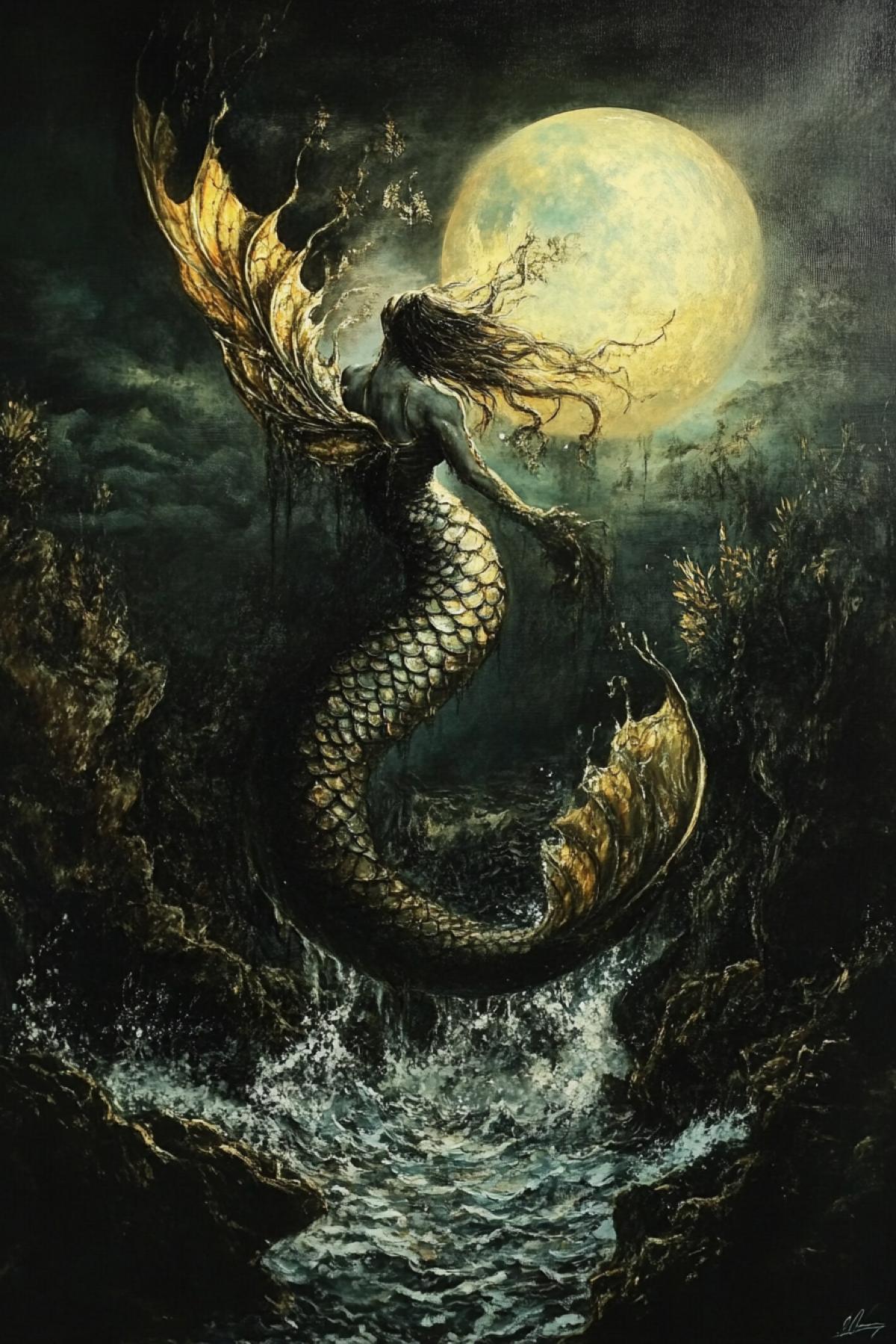 Evil mermaid in the dark Sea