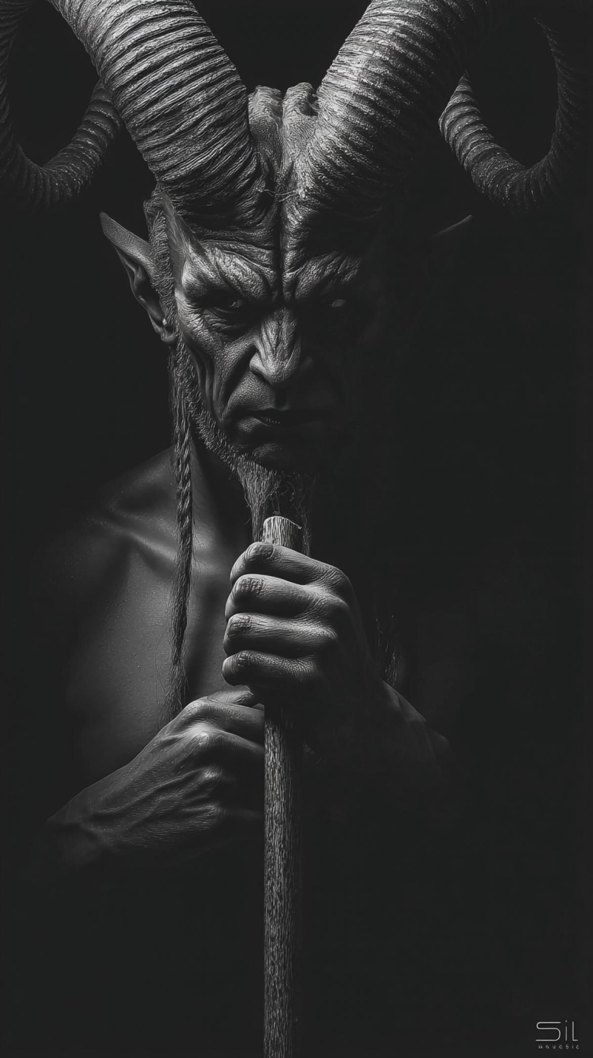 Evil in the image of a demonic god with a rod of power