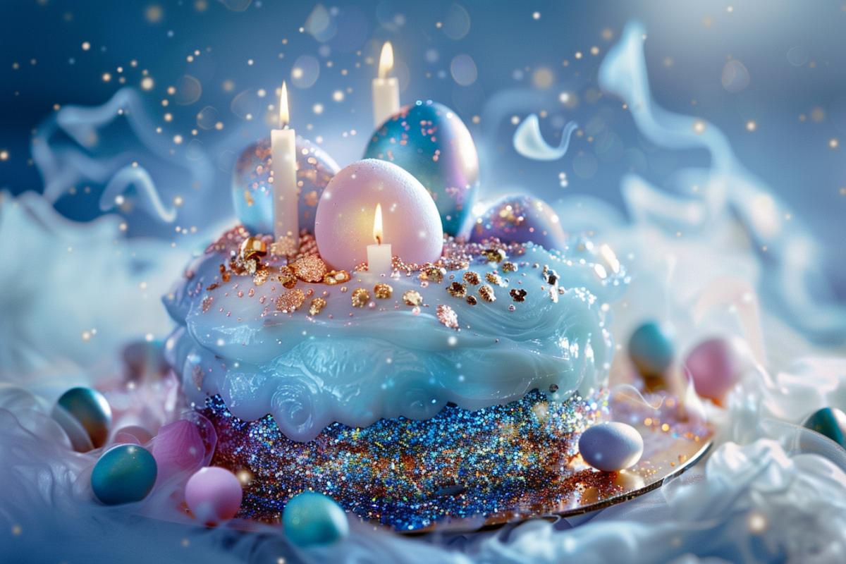 Easter cake with sparkling fiery decoration shimmers with gold and silver colors, around the eggs shine like gems. Thin candles. The background glows with blue light. emerald, white background, sapphire, burgundy blooming hybrid imp&singularity surrealism smoky. glitter wind, through, filter spherical diffusion of light, fractals, ornate slime, shimmer, beautiful, inferno