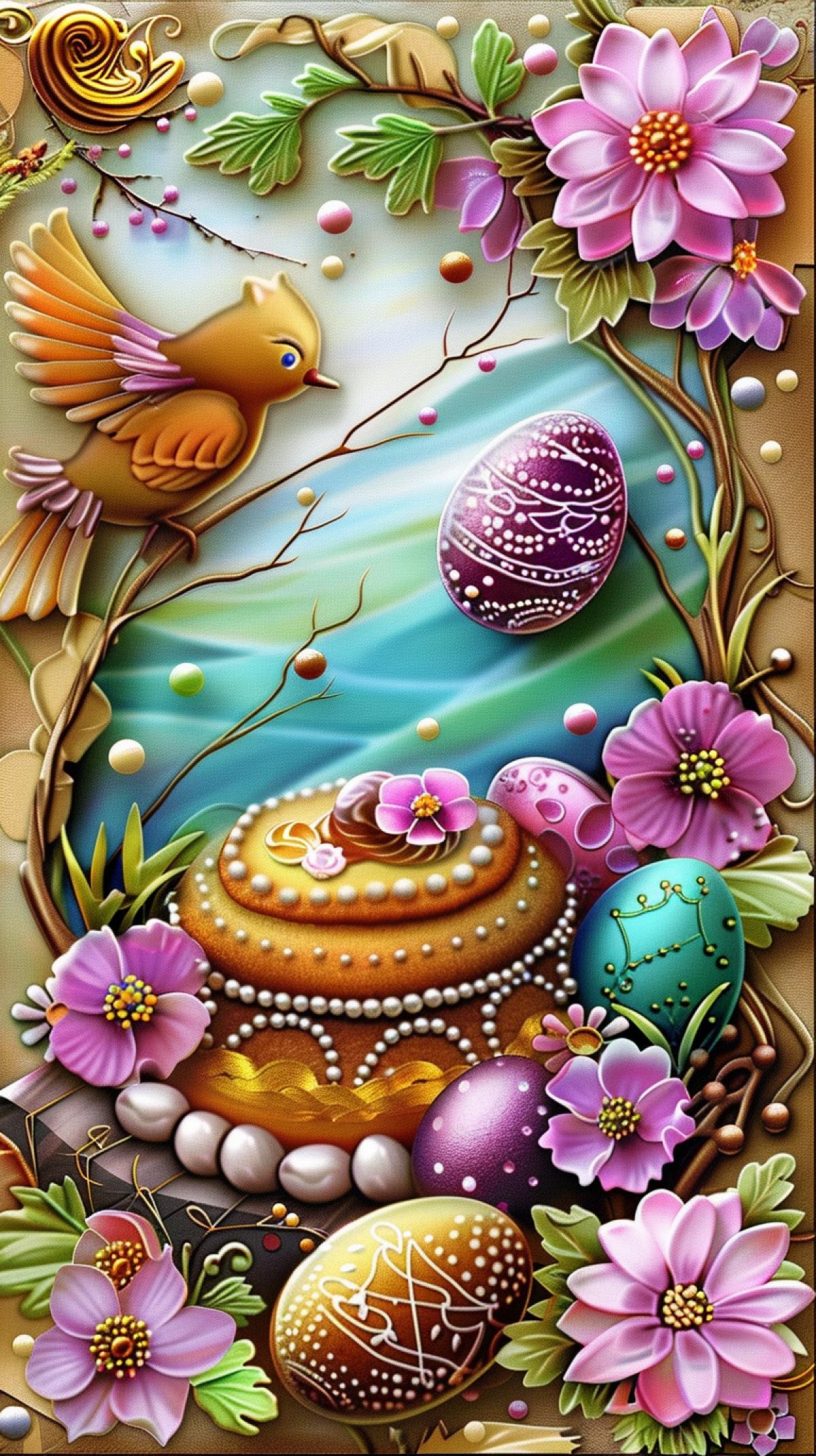 one object scale + spring landscape, Easter cake, surrounded by colorful eggs, twigs, primroses, multi-element 3D panel of gold fibers, pearls, random mix, glossy feathers and curved leather overlay, scrapbooking by Carla Gerard