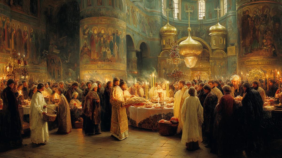 A realistic image of the night Easter service in an ancient Russian temple with golden domes. In the center is a priest in an embroidered ries, holding a threelight, around parishioners with lit candles and baskets of Easter cakes. Bright glare from fire on frescoes with biblical plots, stainedglass windows with angels, the atmosphere of mystical light and spiritual unity. In the background is an altar with a red Easter egg and the flowering branches of willow. Style: detailed painting with an emphasis on the contrast of warm and cold tones