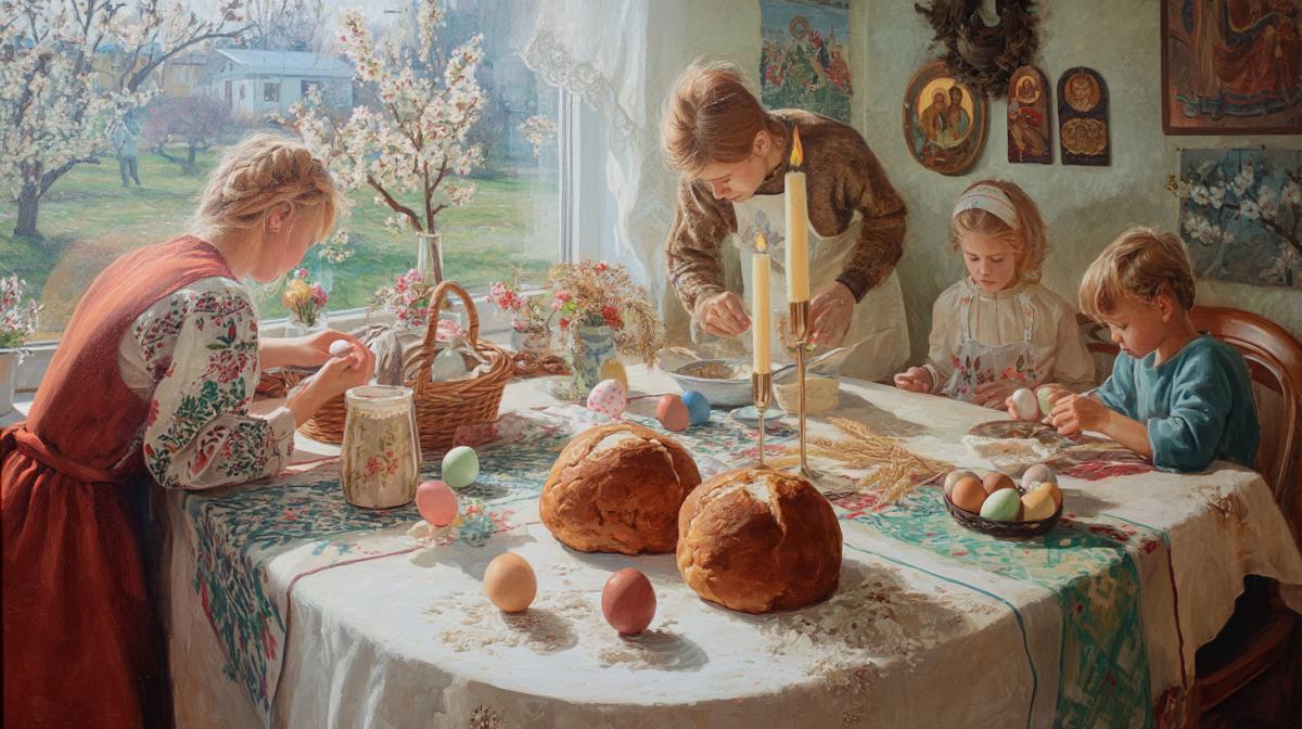 Photorealism. A that scene in a village house: the family is preparing for Easter. On the table cakes with glaze, painted eggs in a wicker basket, cottage cheese Easter with the letter \"XV\". Outside the window is a spring garden with flowering apple trees. Children draw patterns on eggs, grandmother lights a candle at the Savior icon. Soft sunlight, pastel colors, parts in a folk style (embroidered towels, clay dishes). Style: a cozy illustration with an emphasis on emotions and intercoral communication. Photorealism.