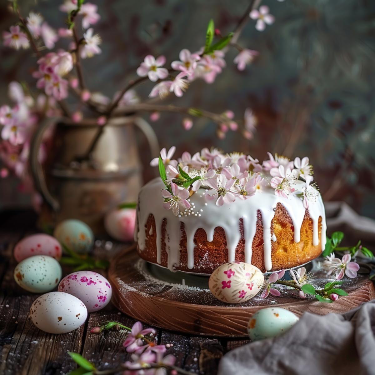 Easter cake in white glaze, nearby dyed eggs, verba, flowers, drops, haze, grunge, view of the top, detailed deep drawing, against the background of retro kitchen, spray, glare, epic, luxury, shebby-chic, juicier, beautiful landscape, photo high quality