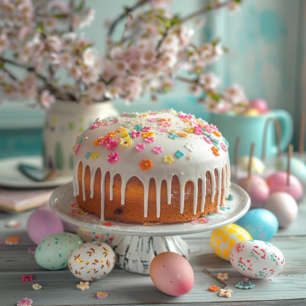 Easter cake in white glaze, nearby dyed eggs, verba, flowers, drops, haze, grunge, view of the top, detailed deep drawing, against the background of retro kitchen, spray, glare, epic, luxury, shebby-chic, juicier, beautiful landscape, photo high quality