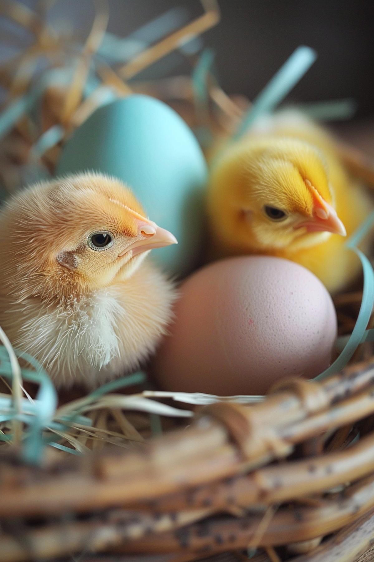 Chickens hatched from Easter eggs, each of the same color as a shell