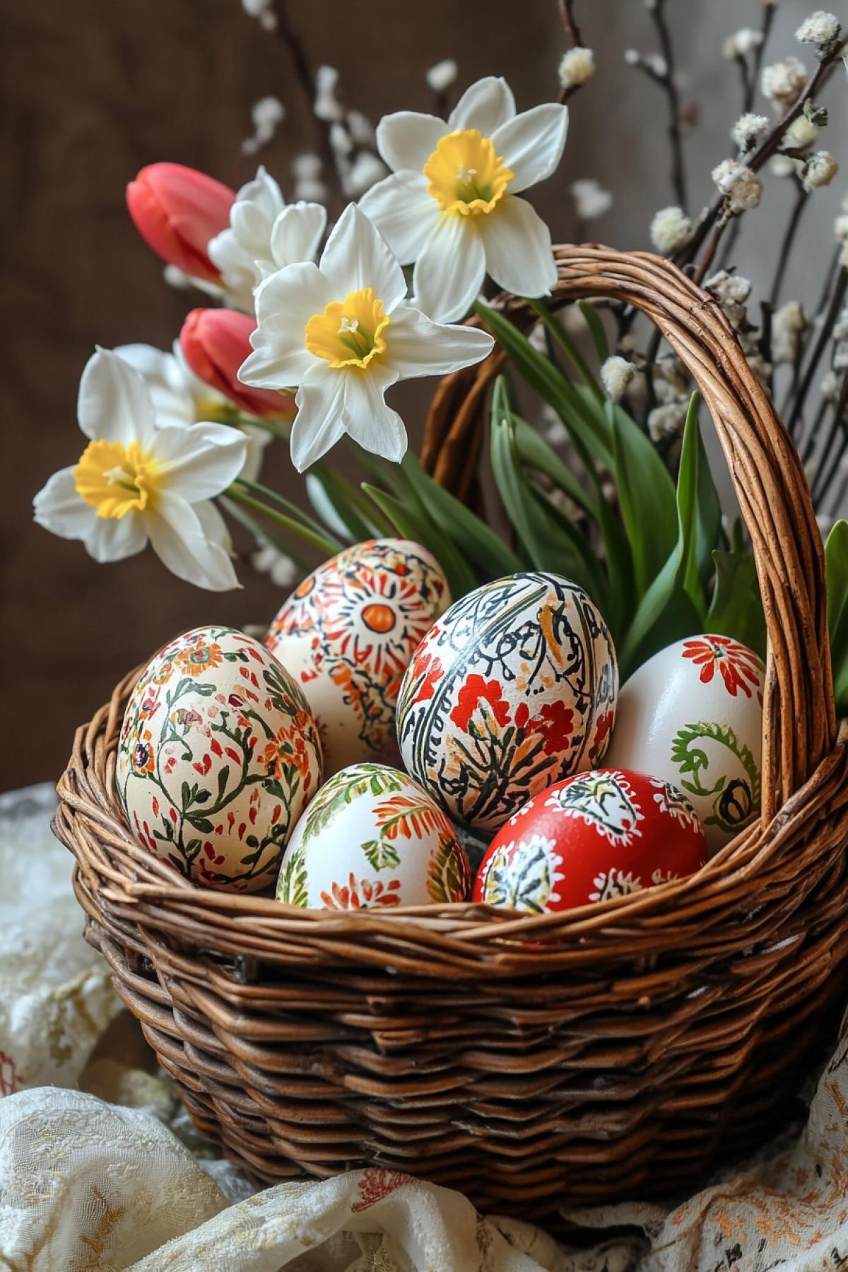 Easter holiday: painted eggs with an elegant pattern, neatly laid out in a wicker basket, next to the sensory branch of willow or a bouquet of tulips and daffodils. In the style of realism and antiquity