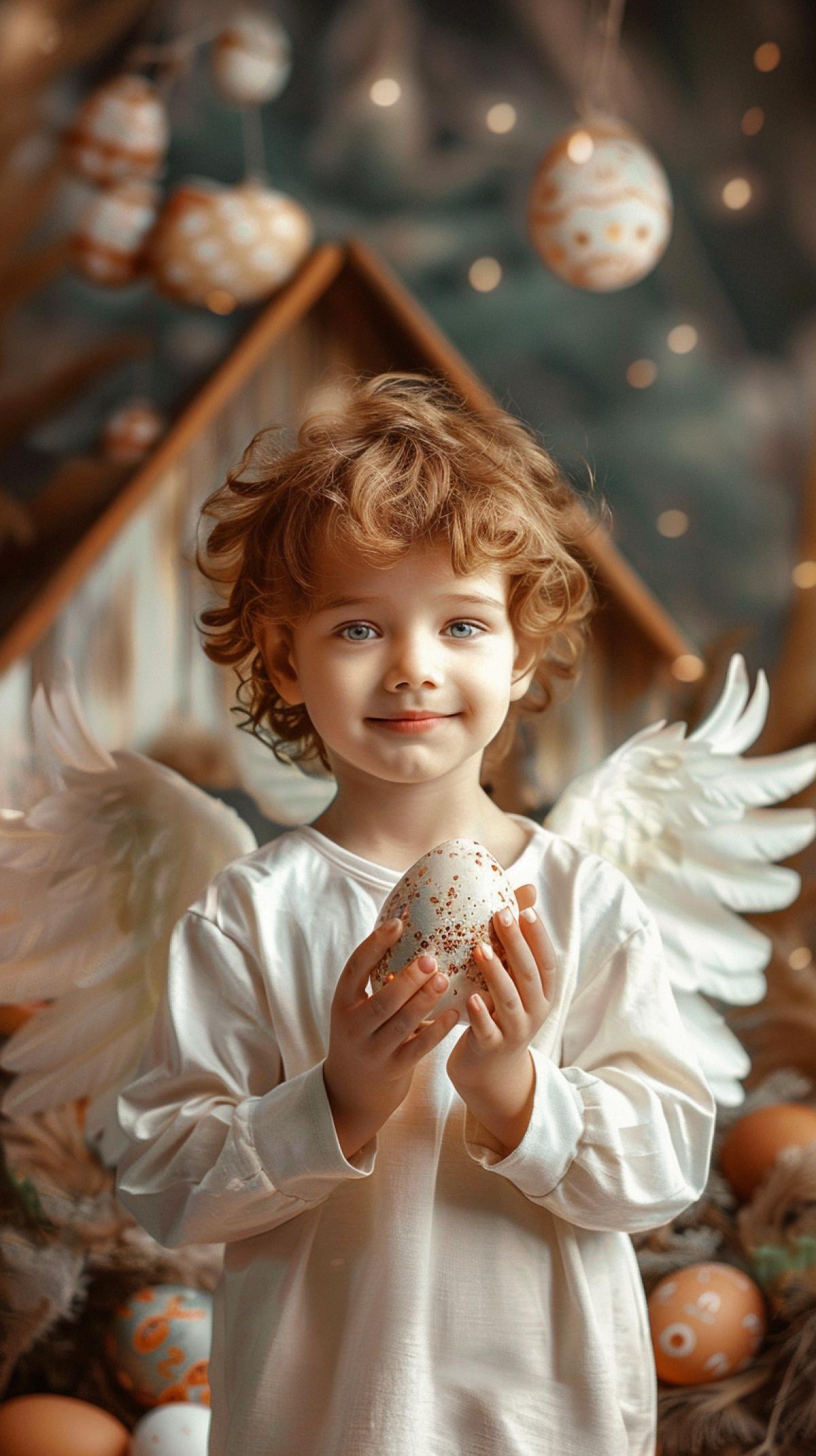 A cute cheerful boy Angel on a beautiful Easter background is a cozy house, holds a decorated Easter egg, radiance, light, Easter, and Verba. Photo of high quality