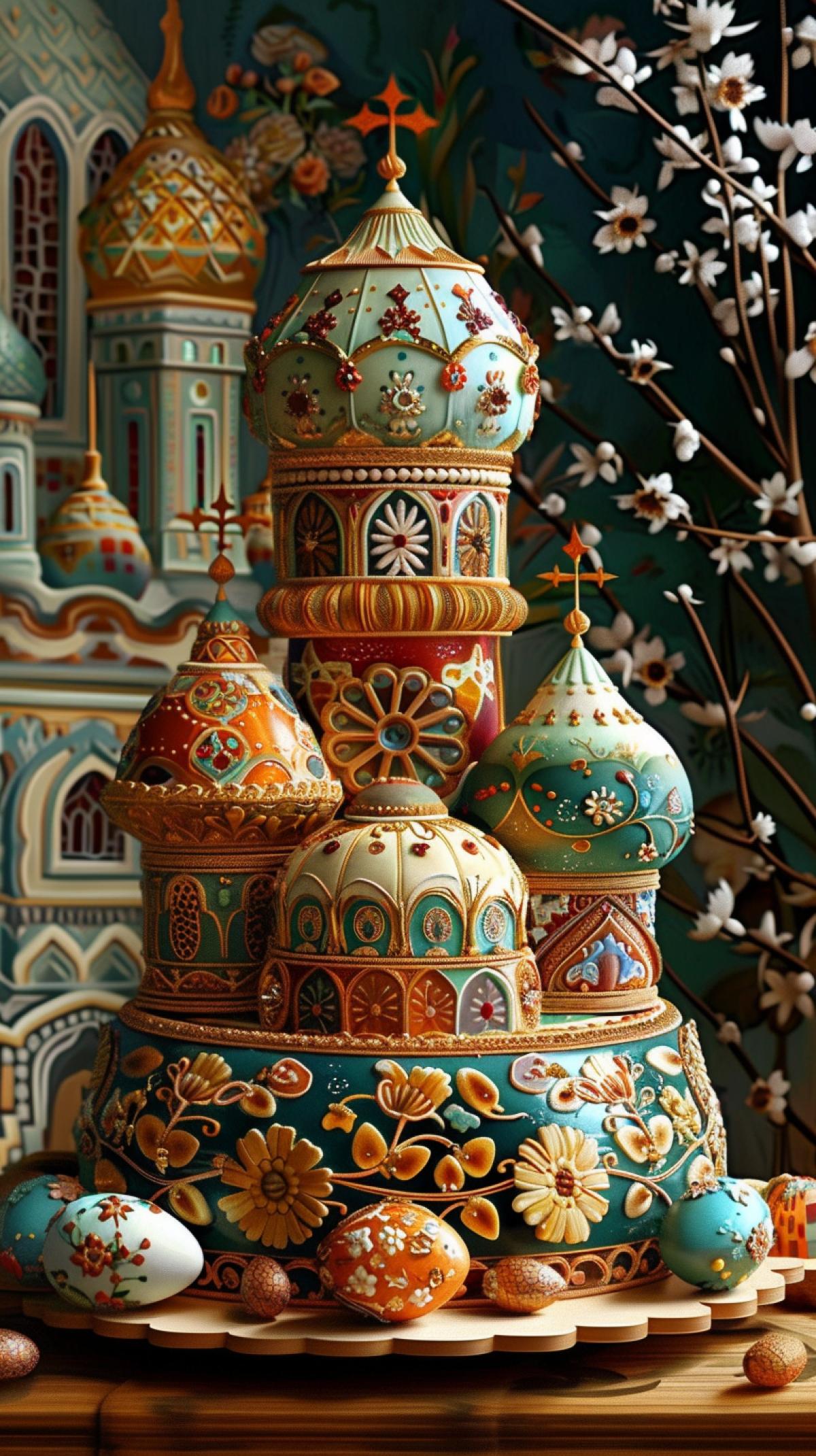 A magical Russian fairytale Easter scene, where a big kulich resembles a wooden terem (folk tower) with intricate Slavic carvings, colorful onion domes made of icing, and tiny eggs as hidden treasures inside. The background features a vibrant floral pattern, mixed with traditional pysanky egg motifs. Warm lighting, hyper-detailed, folk art style, 8K, vibrant colors. stylize 500