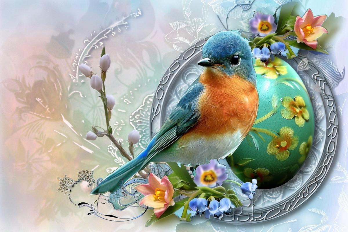 Pastoral: Easter cake + bright blue and orange bird sitting in front of a green egg painted with a floral pattern. The bird is surrounded by a round frame and a sprig of lily of the valley, and the background is a soft pastel gradient with a subtle floral motif. The overall style is playful and whimsical, with a hint of vintage charm.