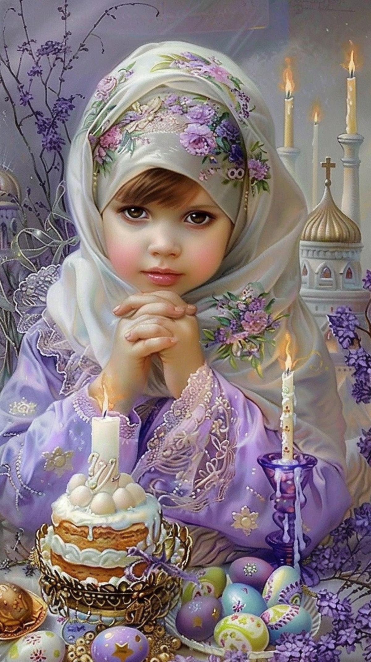 Fantasy in the style of Daniel Egneus, Michael Parkes, Judith Bergerson; Easter/Little cute girl in headscarf holding Easter cake surrounded by candles and Easter eggs. Christian church in the background/lilac, teal, indigo, twilight, gold threads