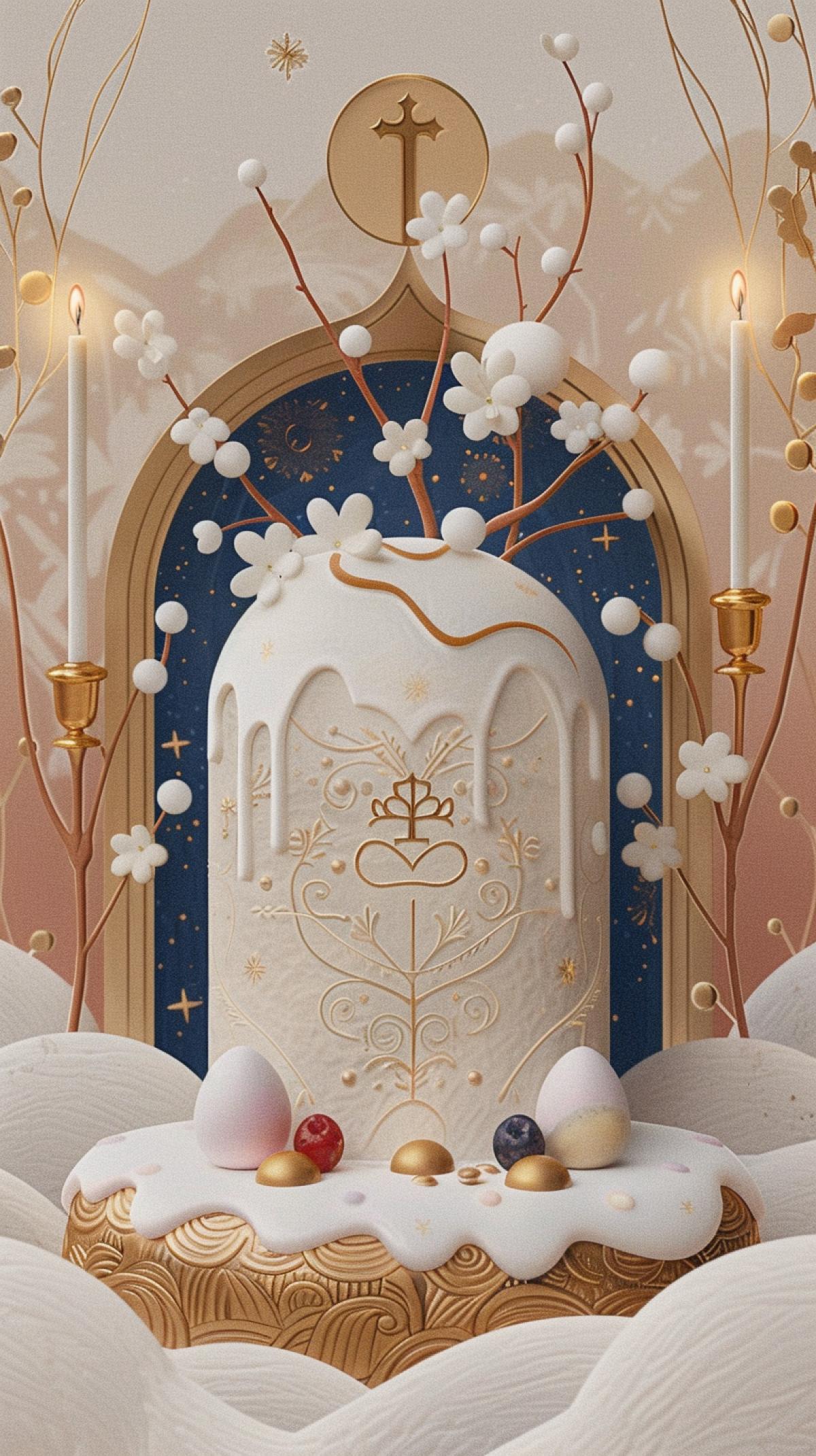 A tall, fluffy, golden-brown kulich with a delicate, airy texture, strewn with raisins, candied fruit and almonds, and infused with the aroma of vanilla and honey. The top is covered with a thick, snow-white glaze that flows down in soft waves, decorated with sparkling sugar pearls, golden edible stars and candied rose petals. In the center of the kulich is the inscription ‘ХВ’ made of dark chocolate, surrounded by a thin golden halo of caramel threads, as if blessed from above. The kulich stands on a carved silver tray, surrounded by floating candles with a soft, beautiful flame and cat willow branches strewn with fluffy buds. The background is a majestic Orthodox church with golden domes, filled with warm morning light, with stained glass windows depicting Easter scenes and a light, shining fog.
