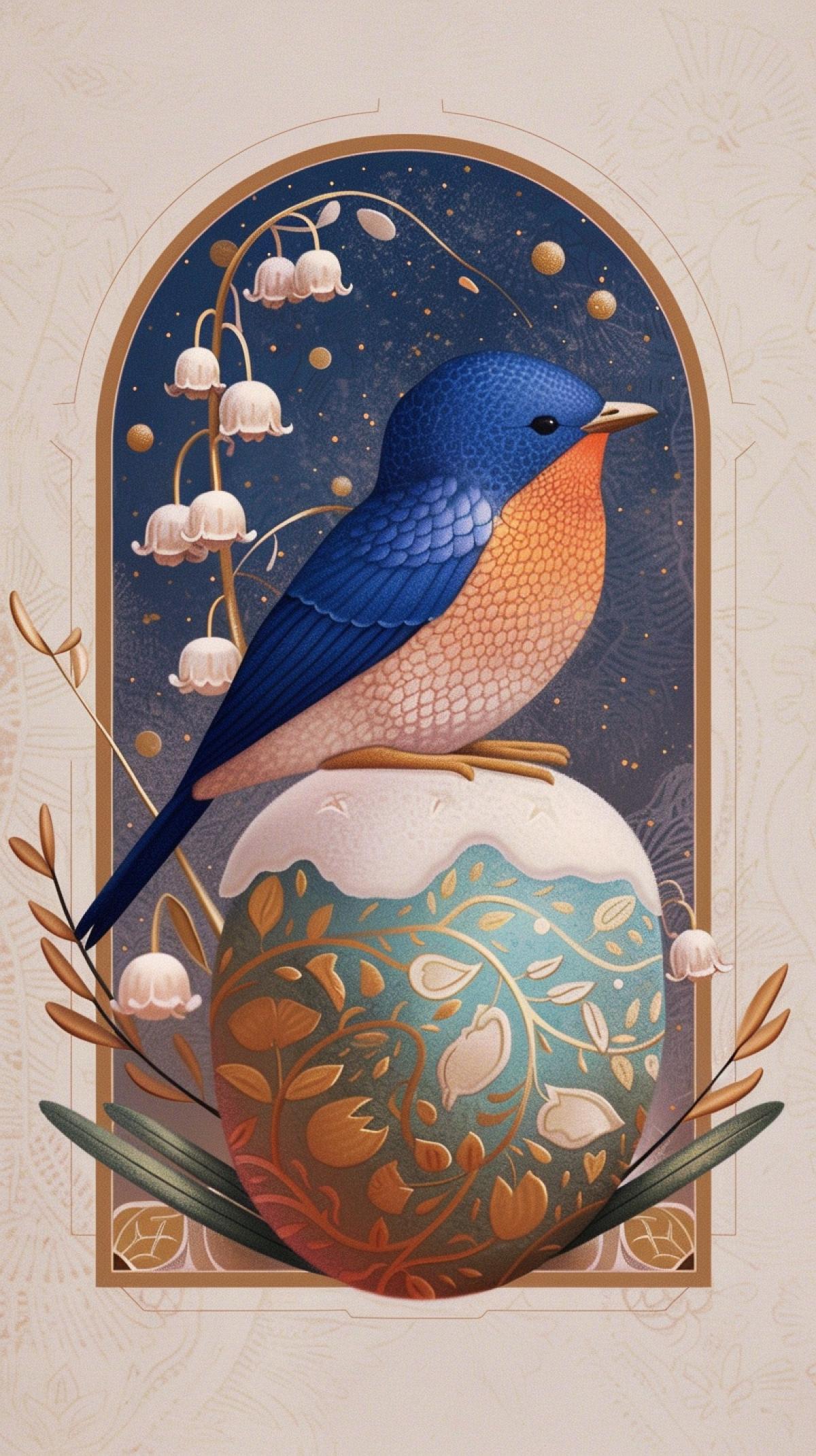 Pastoral: Easter cake + bright blue and orange bird sitting in front of a green egg painted with a floral pattern. The bird and Easter cake are surrounded by a round frame and a sprig of lily of the valley, the background is a soft pastel gradient with a subtle floral motif. The overall style is playful and whimsical, with a hint of vintage charm.