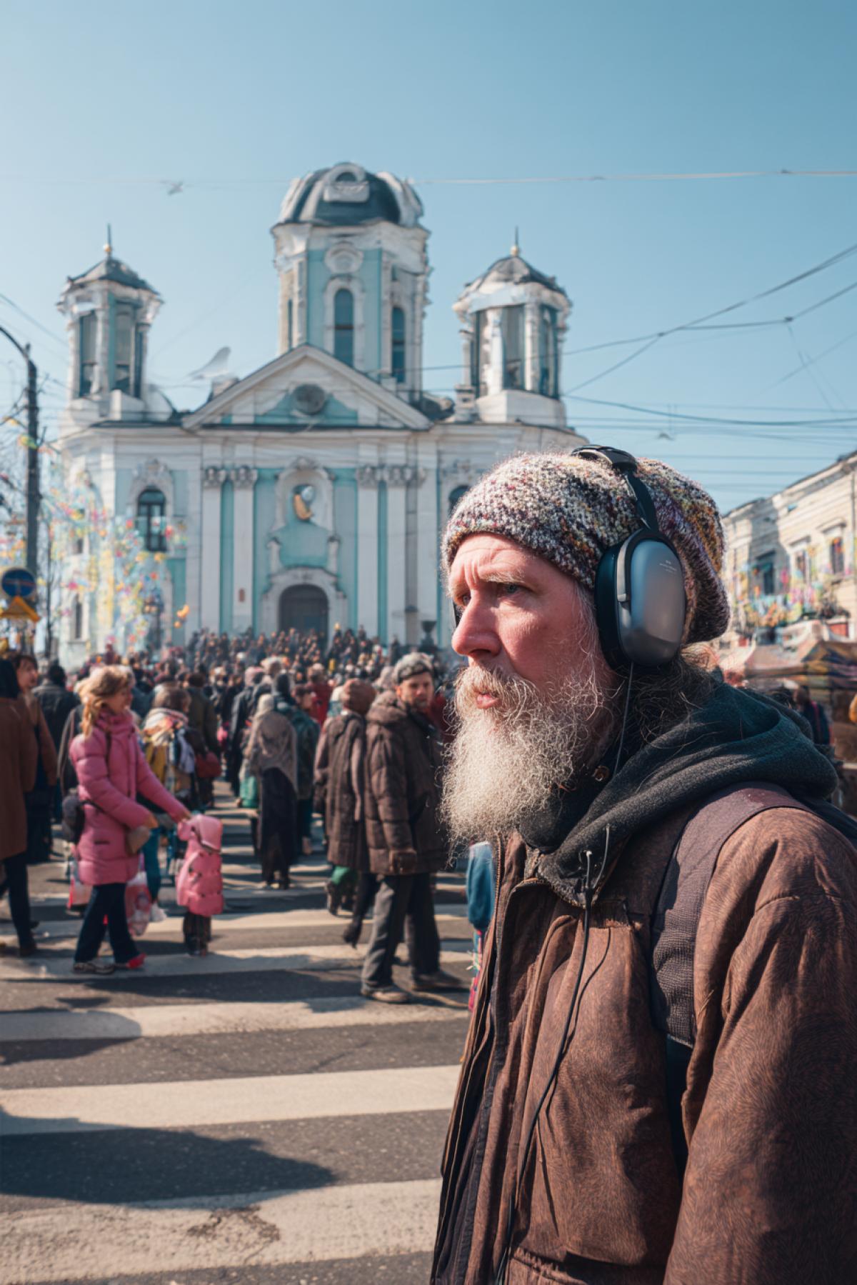A bored Christ-like man in bulky headphones casually passes by. The backdrop is Easter celebrations. The church is beautifully decorated. A big crowd queues near the temple entrance. People carry kulich and dyed eggs. The air buzzes with joyful chaos.
