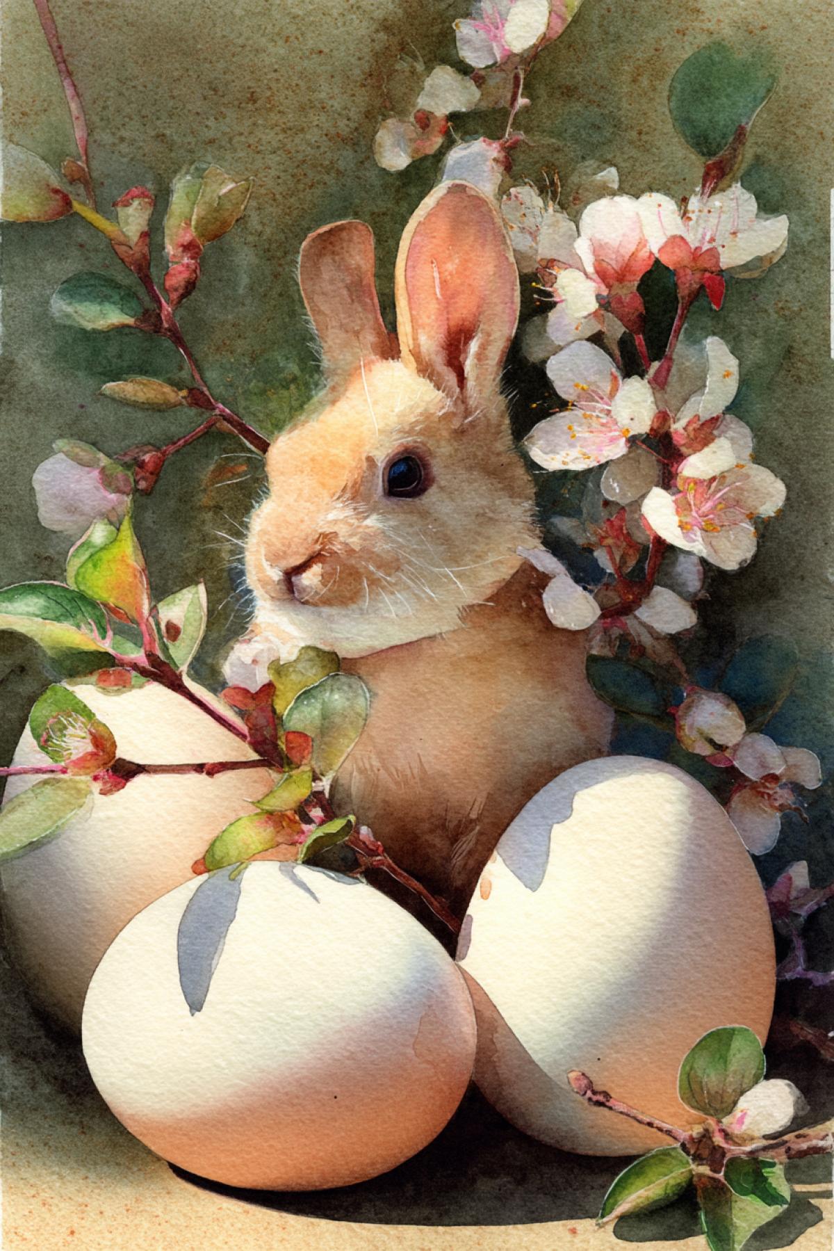 Easter rabbit in the eggs and blossomed leaves.  Tenderness.  Lateral lighting. Watercolor