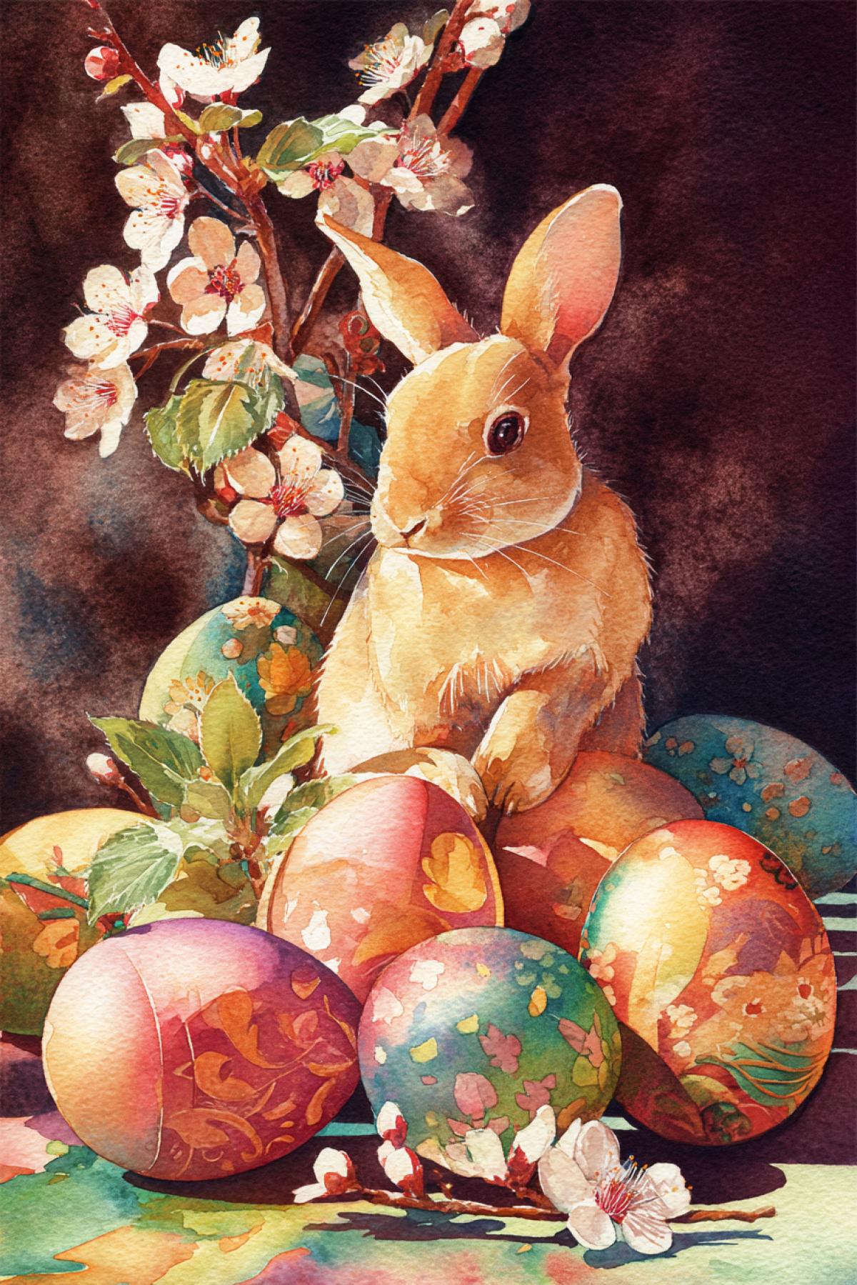Easter rabbit among painted eggs and blossomed leaves.  Tenderness.  Lateral lighting. Watercolor