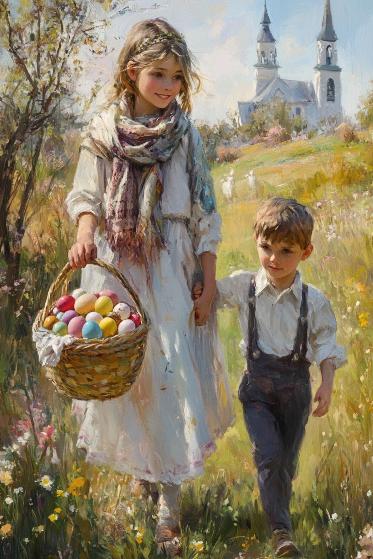 The girl in a scarf and in a white dress with a basket of colored eggs, and a fairhaired boy walking by the hand. Against the background of the church and flowering fields