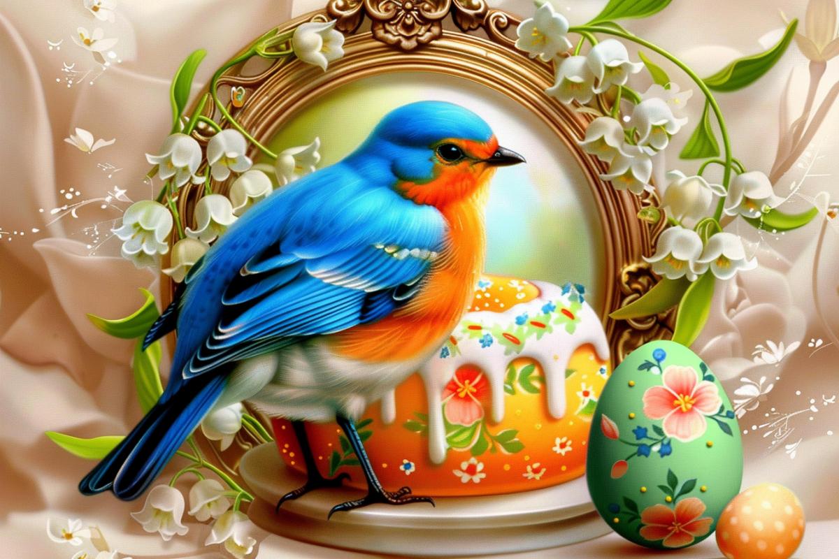 A festive card of a fluffy Easter cake with a bright blue and orange bird sitting in front of a green egg painted with a floral pattern. The bird and Easter cake with egg are surrounded by a round frame and a sprig of lily of the valley, while the background is a soft pastel gradient with a subtle floral motif. The overall style is playful and whimsical, with a hint of vintage charm.