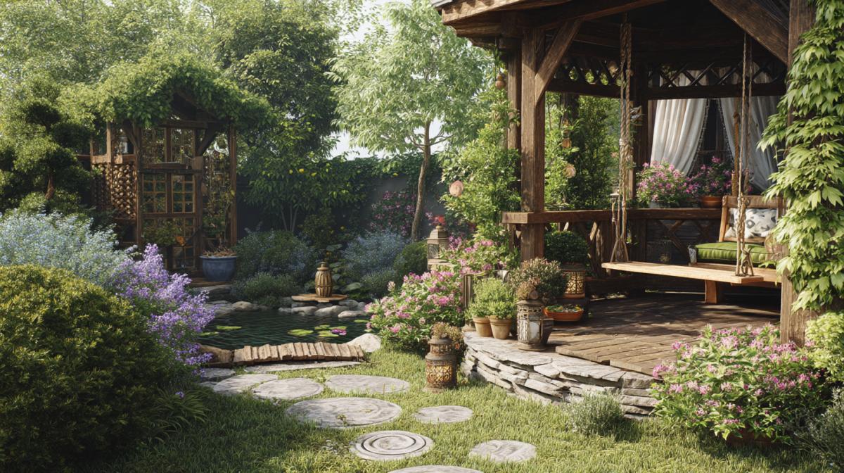 A realistic image of a cozy garden plot (cottage/yard/terrace) on the summer day, where natural elements and manmade parts are organically combined. . Plants: lush flower beds with peonies, lavender and hydrangeas, curling ivy on a stone wall, Japanese maple with openwork foliage, bamboo in clay pots. . Architecture: a wooden gazebo with vintage forged lanterns, a winding path made of plate, a small pond with a dark wood bridge, a stone bench under a spreading willow. . Materials: natural wood (terrace board, pergola), rough stone, copper accents in details, texture of linen curtains on the terrace. . Details: sunlight through foliage, butterflies over flowers, ceramic pots with succulents, wooden swings with paste in pastel colors. . Style: photorealism with warm lighting, emphasis on textures (rough stone, smooth wood), the depth of space due to multilayer greens and the game of light. \"