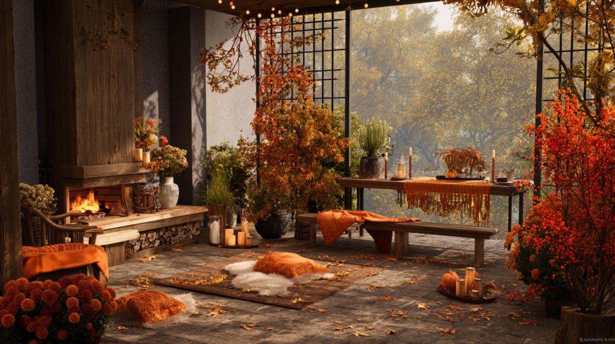 A realistic image of a cozy terrace in golden-orange tones of late autumn. . Plants: decorative cabbage and chrysanthemums in ceramic pots, climbing roses with the latest colors, mountain ash with scarlet clusters, a carpet of fallen maple leaves. . Architecture: an open terrace with a fireplace, a wooden bench with sheeps skins, a glass wall with a view of the forest, stages of plastic, leading to the garden. . Materials: aged tree, forged metal in the lattices of the hearth, woolen blankets, copper trays with pumpkin and candles. . Details: smoke from a fireplace, garlands with warm light on the railing, a cup of hot tea on the table, sparrows on the railing. . Style: Photorealism with the contrast of warm light of fire and cold autumn shadows, emphasis on textures (rough bark of wood, smooth ceramics, soft fabrics
