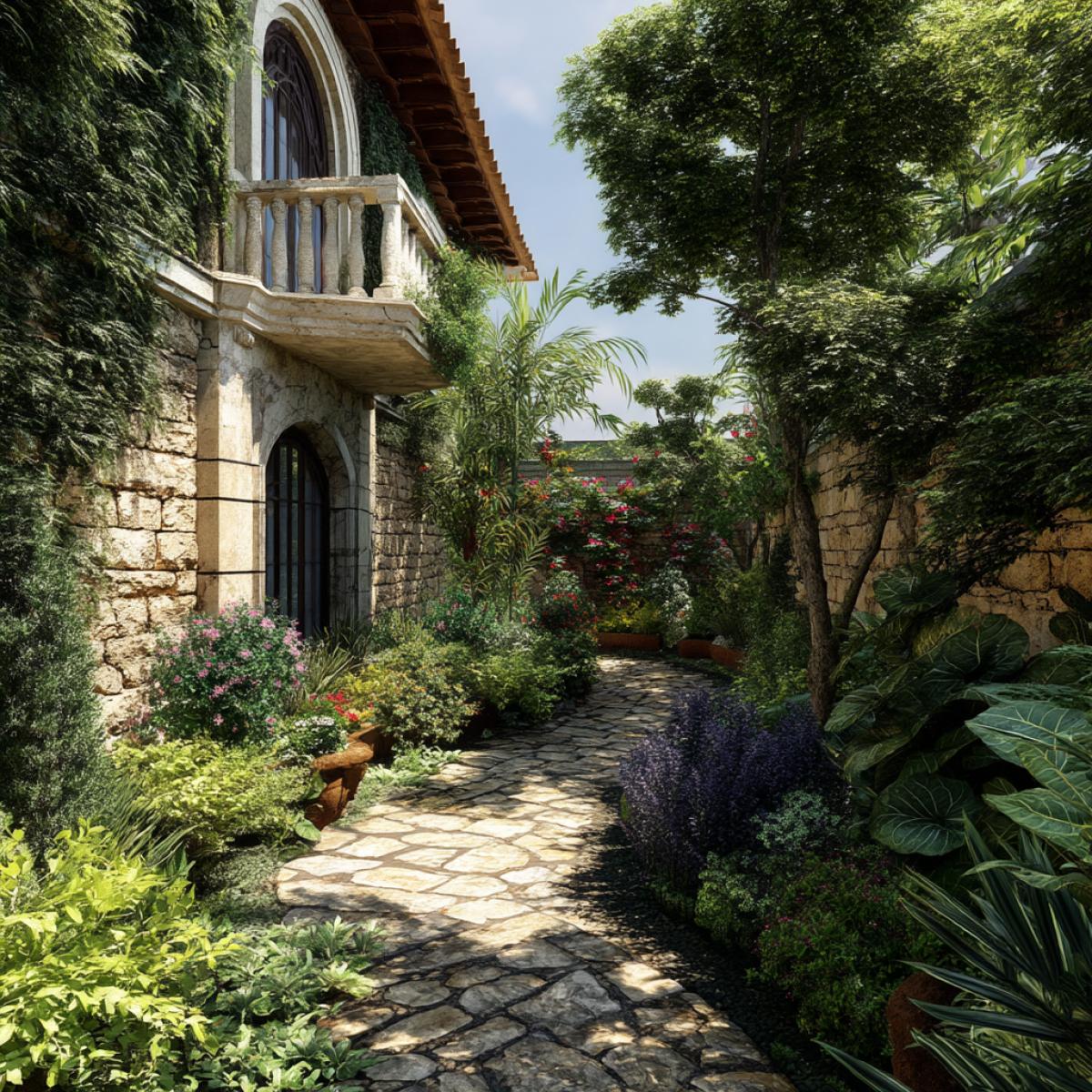 It is necessary to generate the image of the site (cottage, park, courtyard or terraces), where plants, architectural elements and natural materials, realistic graphics, high detail, HD are organically combined.