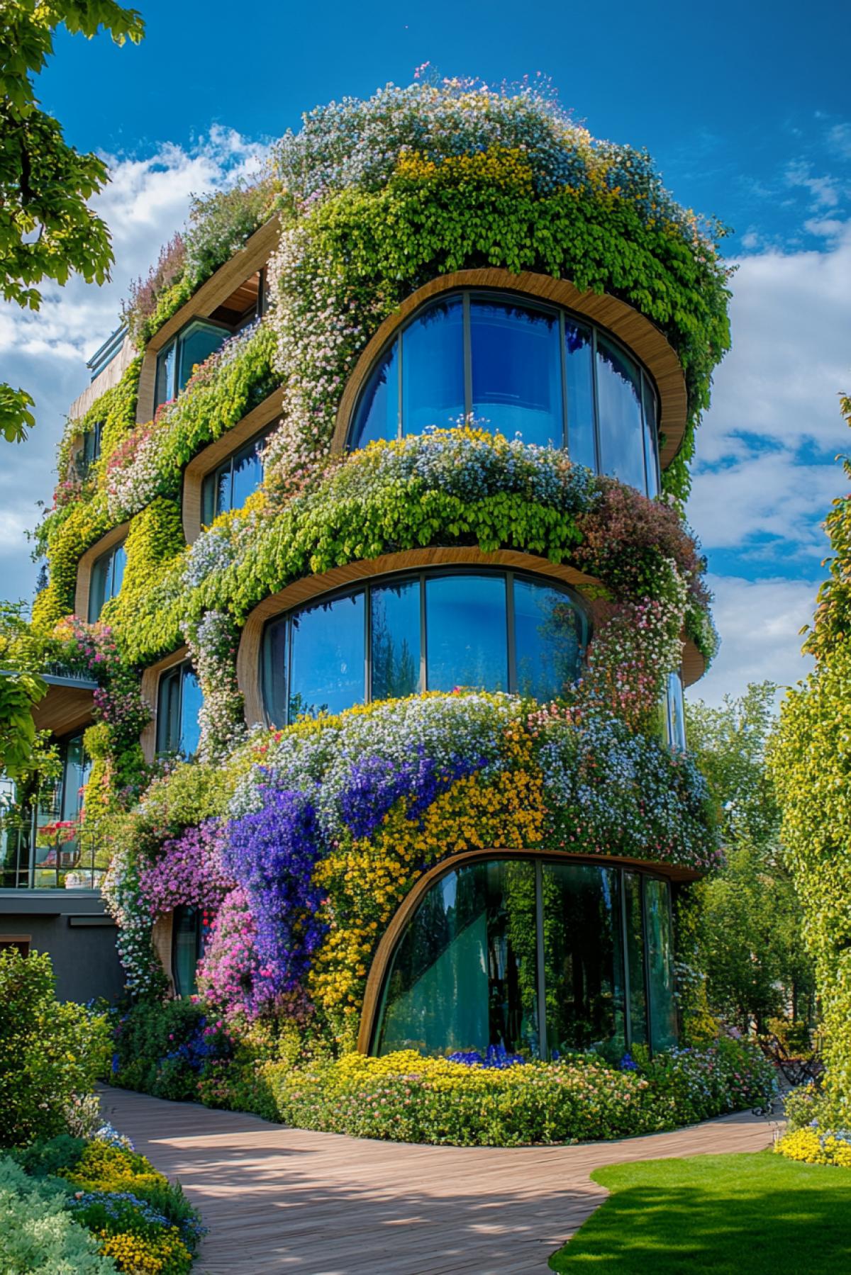 A magnificent large building wrapped in flowers and plexuses of blue colors is completely, everything is green, next to the building beautiful flowering trees, beautiful landscape design