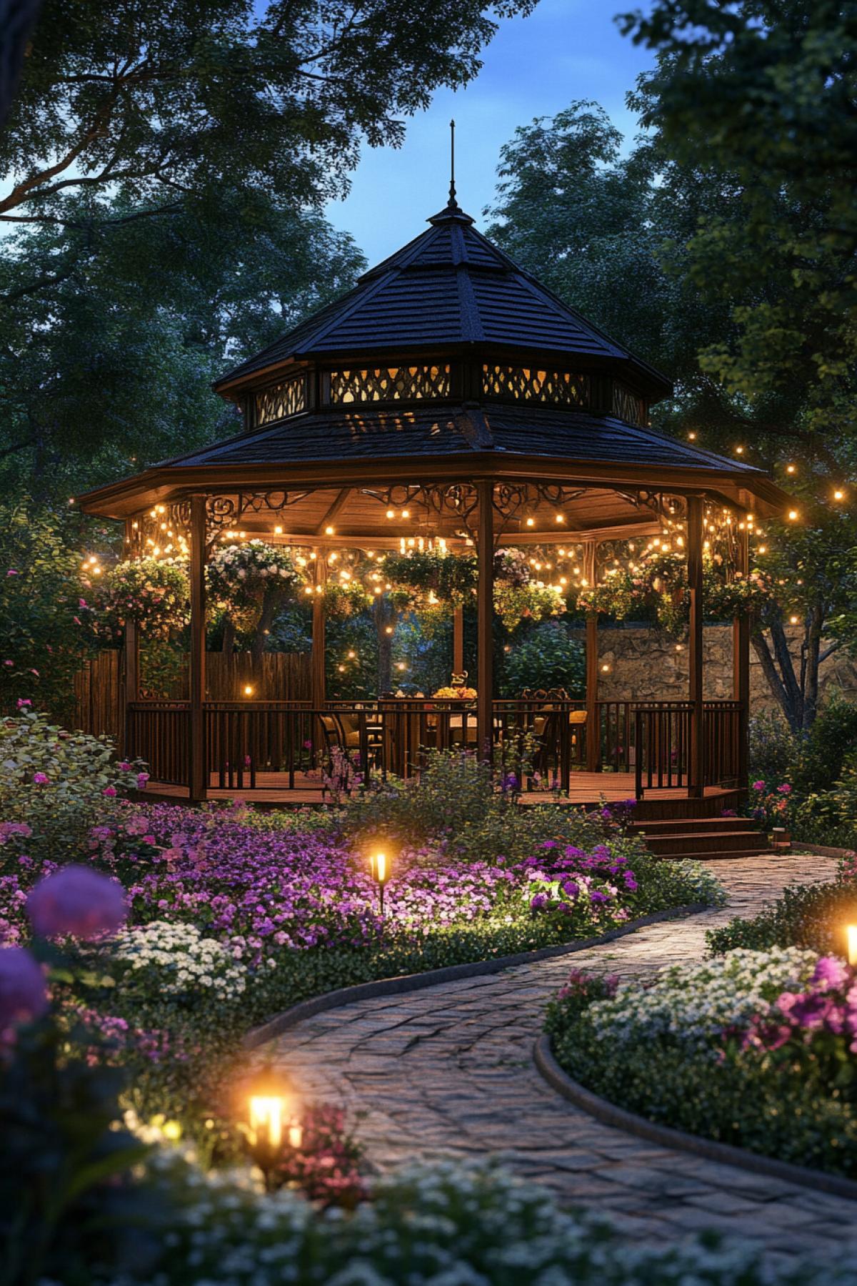 Big house with a gazebo. On the territory of flower beds, paths, refreshment. Night time