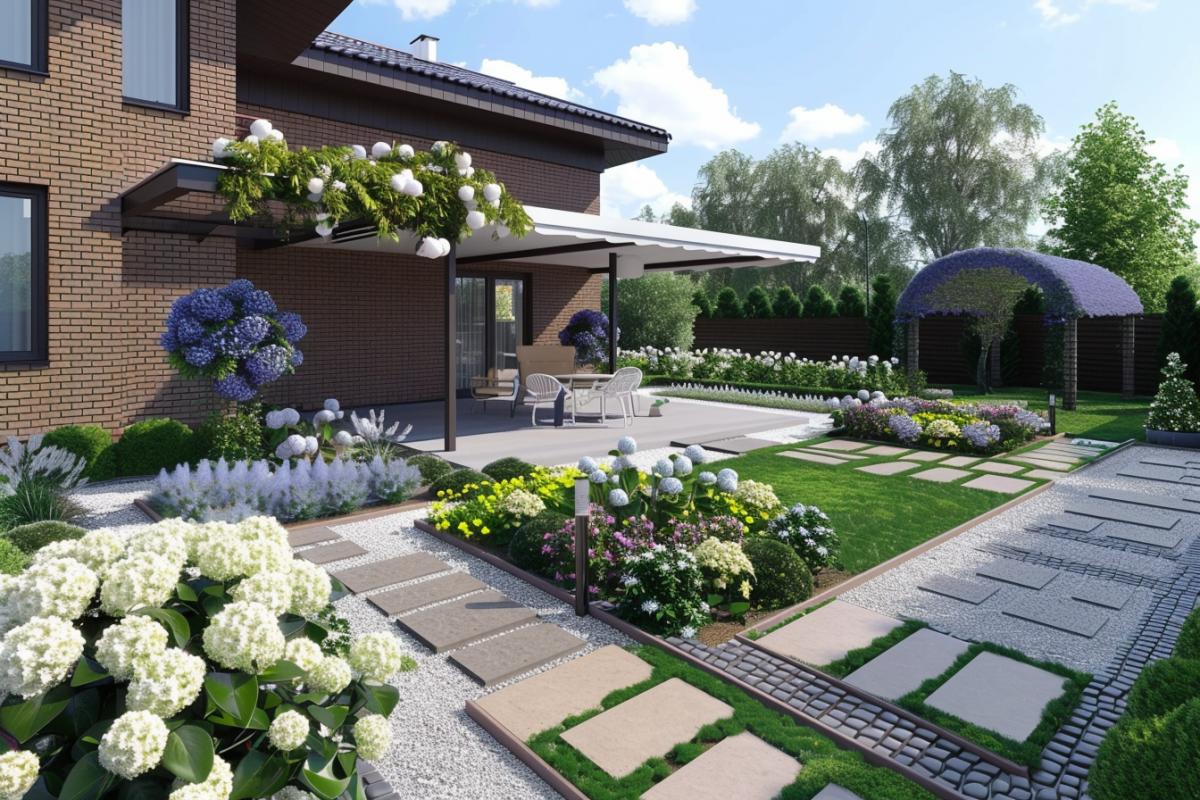 An elegant garden with clear lines and symmetrical com4ks. At the house of brick and glass, a lilac bush, a small terrace for a rest under a canopy with a table for tea and two light summer seats, a flower garden with white and blue hydrangeas. Paths made of paving stones border the Tui trees. In the background, the construction of a large greenhouse, an arch from a curly rhododendrum