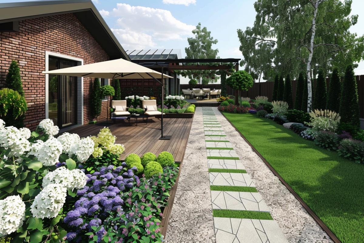 An elegant garden with clear lines and symmetrical com4ks. At the house of brick and glass, a lilac bush, a small terrace for a rest under a canopy with a table for tea and two light summer seats, a flower garden with white and blue hydrangeas. Paths made of paving stones border the Tui trees. In the background, the construction of a large greenhouse, an arch from a curly rhododendrum