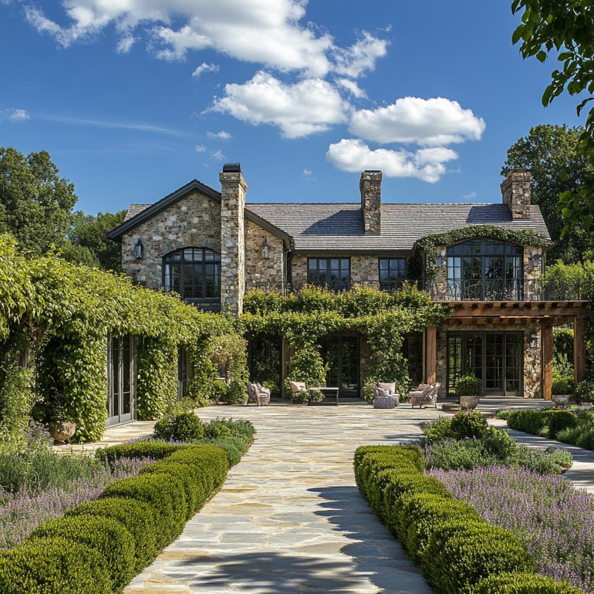 A country house with a designer landscape and architecture. The plants are curly and vines where the combination of everything is fine.  Large