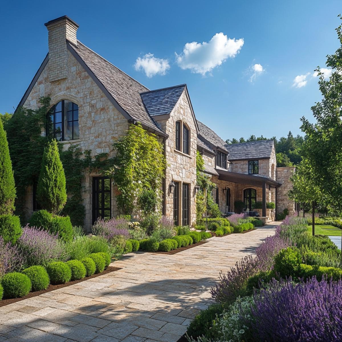 A country house with a designer landscape and architecture. The plants are curly and vines where the combination of everything is fine.  Large