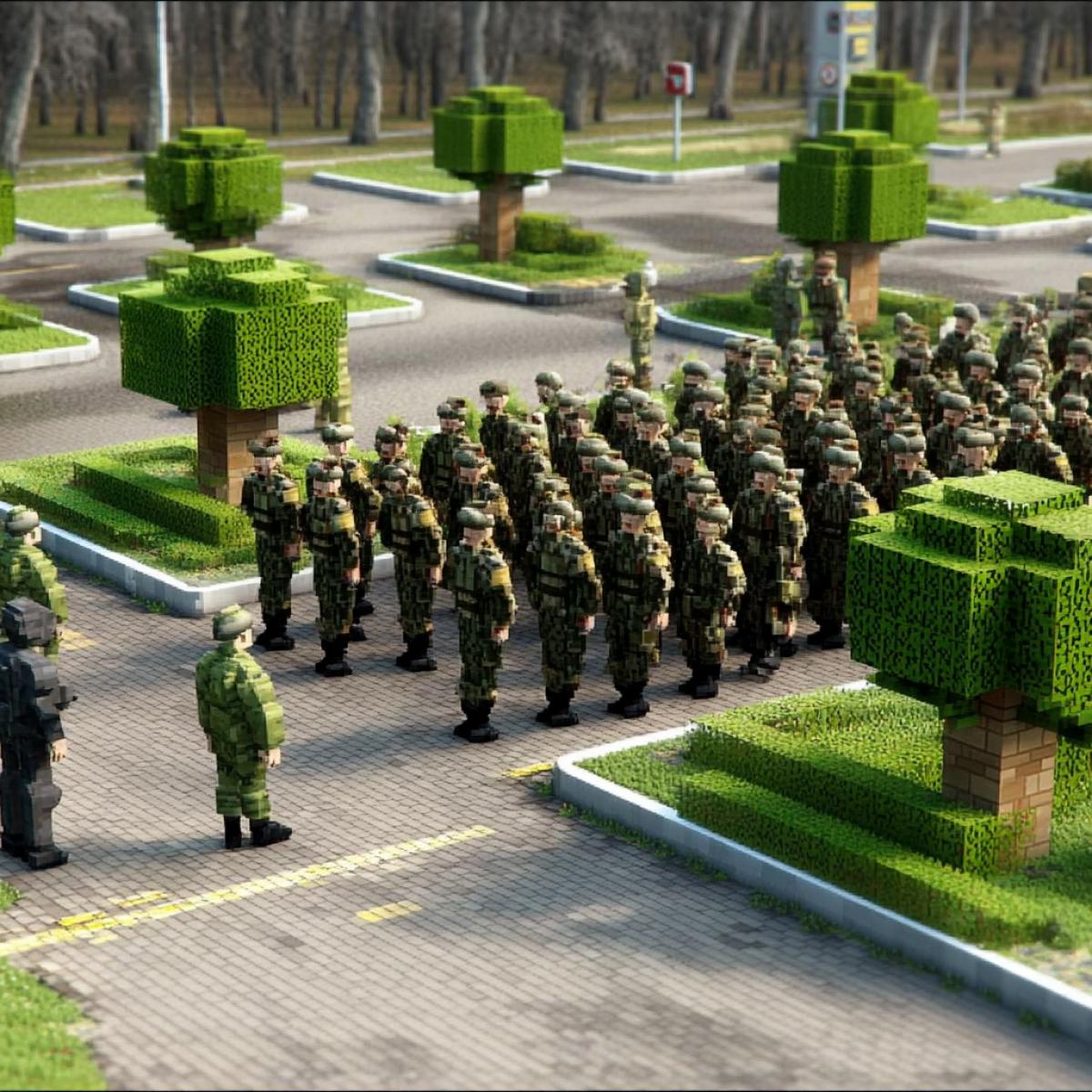 Landscape design in Minecraft style. A military unit, soldiers marching in formation. The grass is trimmed very evenly. The trees are trimmed straight, square, and perpendicular. The shrubs are even, perpendicular, and square. The park paths are made beautifully, straight, and perpendicular. The curbs are beautiful, straight, and perpendicular. The gold standard of landscape design. Everything is done evenly, symmetrically, and perpendicularly. Minecraft game style.
