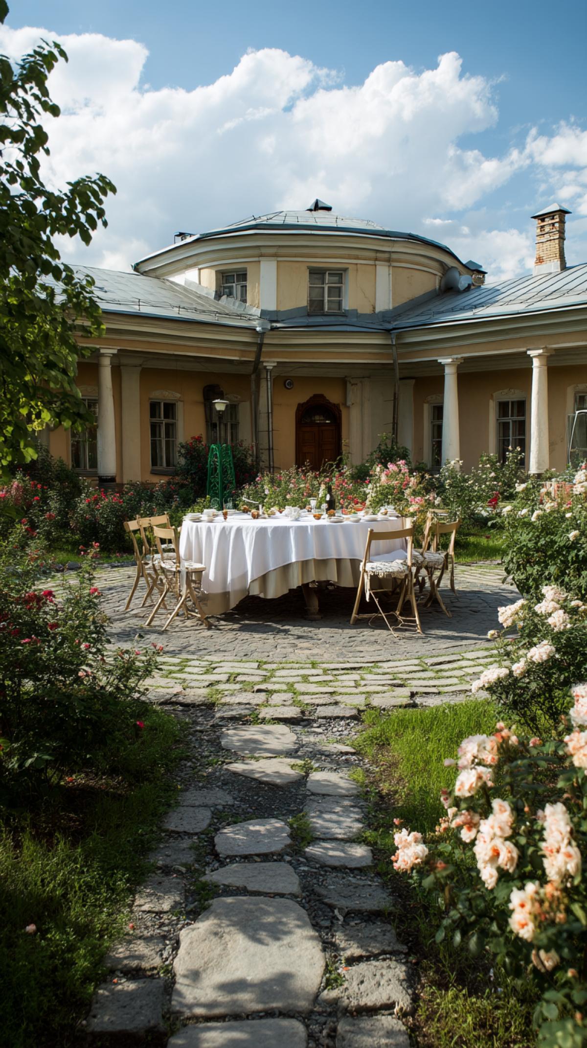 Russian noble manor of the 19th century, a Russian-style garden, a round table with a white tablecloth in a spacious courtyard, rose bushes, photo