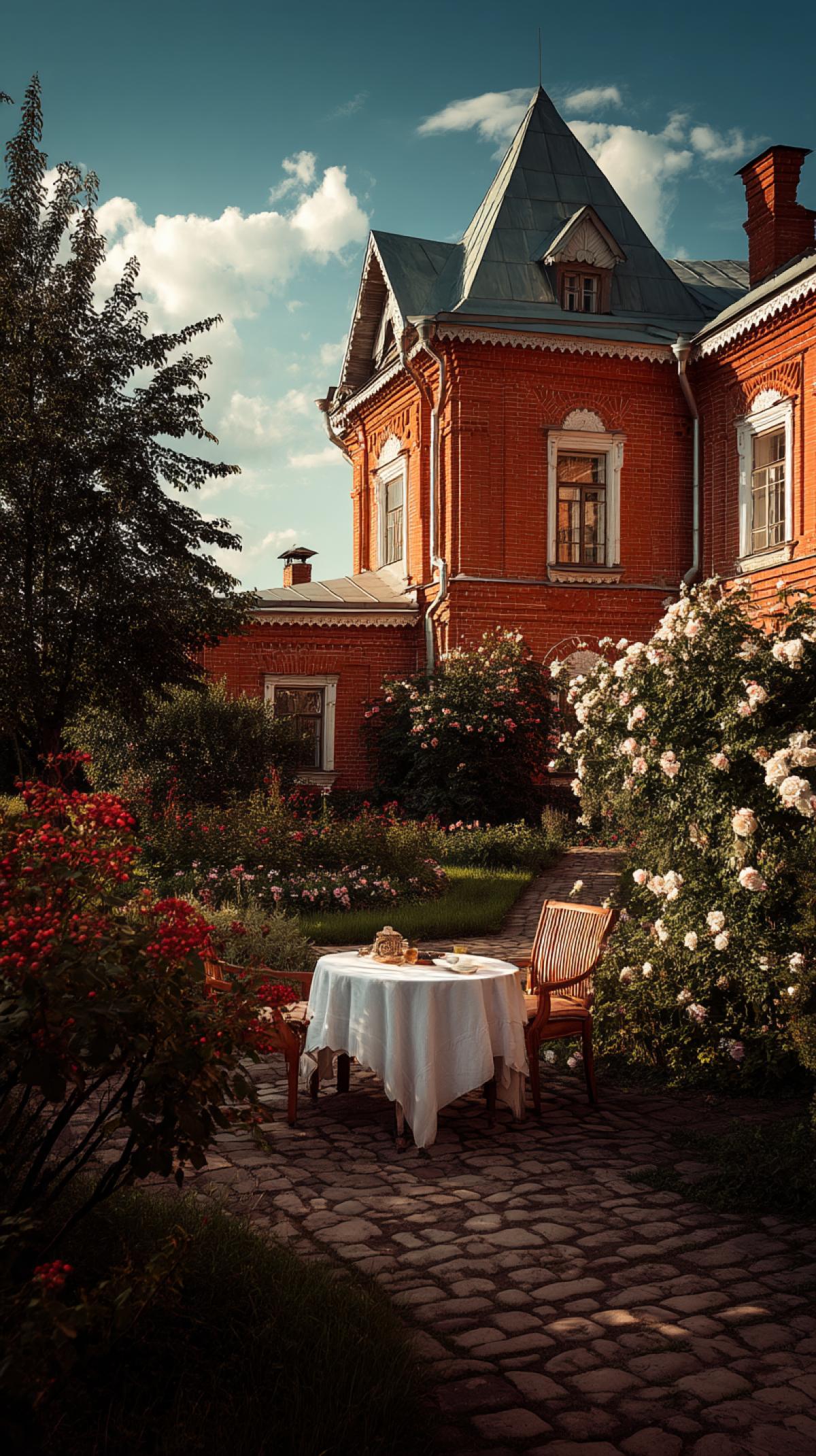 Russian Russian noble manor of the 19th century, Russian-style garden, round table with a white tablecloth in the courtyard, rose bushes, Russian greyhound, photo
