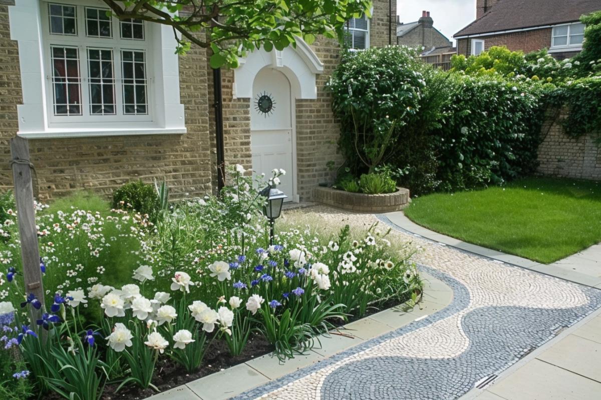 A charming garden landscape with a well-kept lawn, a brick wall and a neatly trimmed hedge. The garden is decorated with a variety of flowers, including white peonies and irises, a small tree. A whimsical paved mosaic blue path leads to a white door with a window above it, suggesting a cozy home. A lantern with a round lamp is installed by the door. The overall atmosphere is calm and inviting, perfect for a peaceful afternoon stroll.
