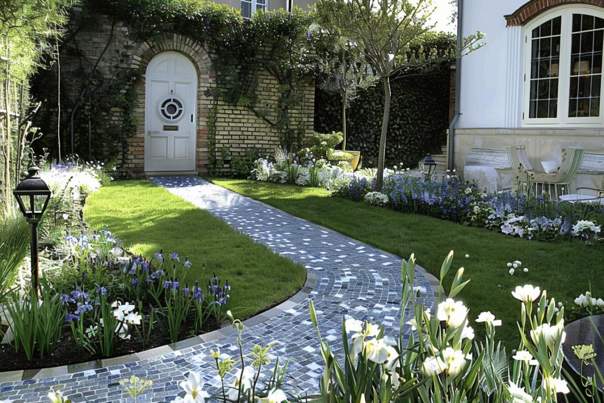 A charming garden landscape with a well-kept lawn, a brick wall and a neatly trimmed hedge. The garden is decorated with a variety of flowers, including white peonies and irises, a small tree. A whimsical paved mosaic blue path leads to a white door with a window above it, suggesting a cozy home. A lantern with a round lamp is installed by the door. The overall atmosphere is calm and inviting, perfect for a peaceful afternoon stroll.