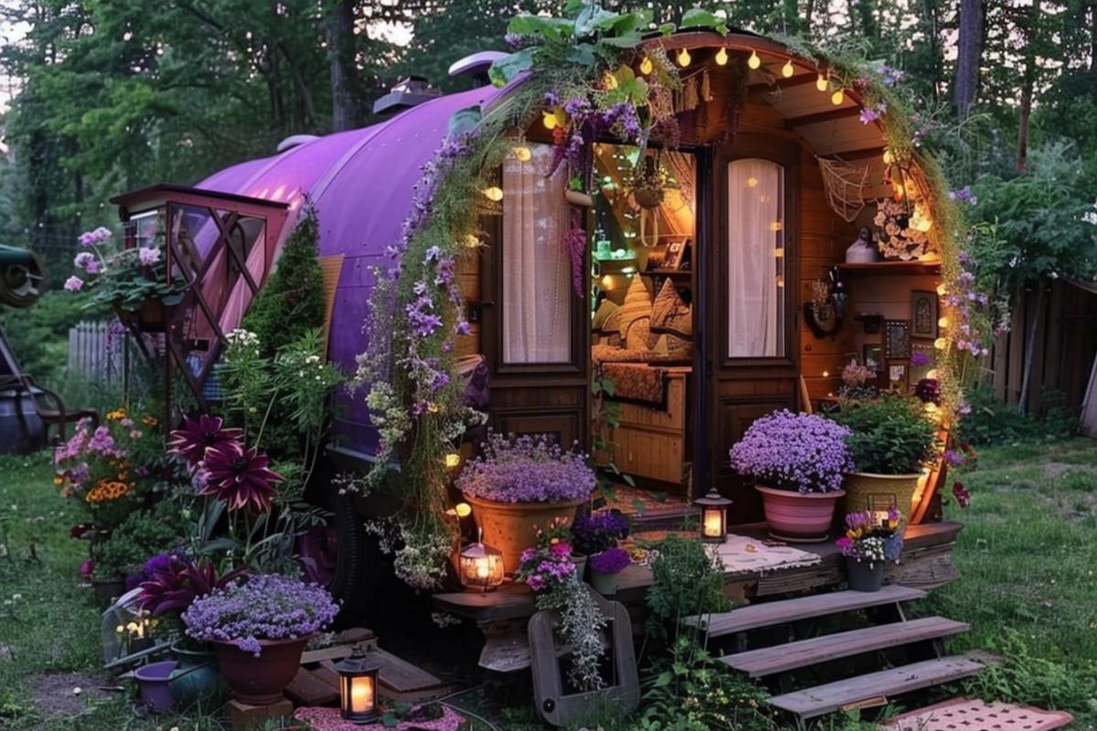 Ecological house is suburban, cylindrical, on wheels, porch. The house is lit with flashlights, finish the triangular shape with a glass greenhouse with plantations inside and neon backlight. A lot of spaces of flowers and shrubs, painted in purple light, dahlias, clematis, nasturtiums, cherry bushes, Irgian trees, a dark cat on the porch, flowerpots with geraniums, water water lodge, atmosphere of suburban life