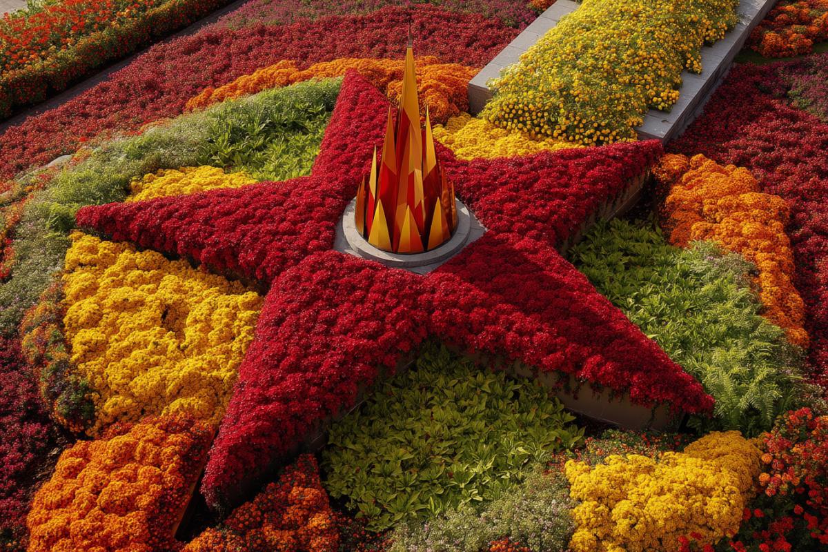 3D flowerbed, flower topinar in the form of a fivepointed star with floral flame fire in the center, Victory Day in the USSR, Lyuzhaika Surrealism, flowers, on the back background of the honorary guard of the Russian Army, a panoramic view from the side and a little from the top at the level of human eyes.