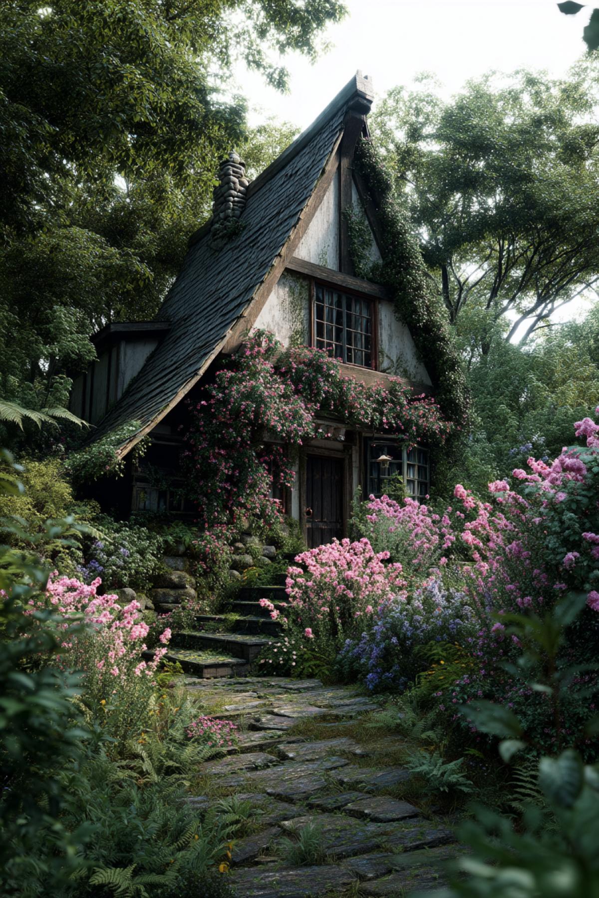 Cottage, architecture, flowers, thickets, very beautiful