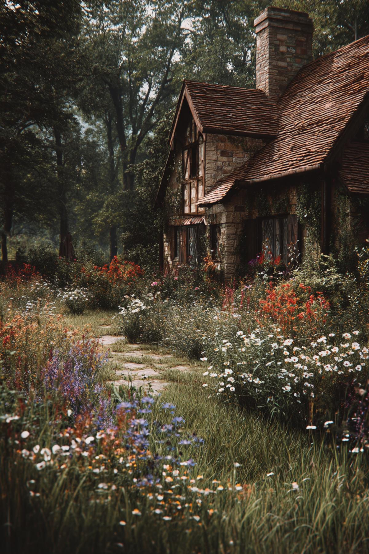 Cottage, architecture, flowers, thickets, very beautiful