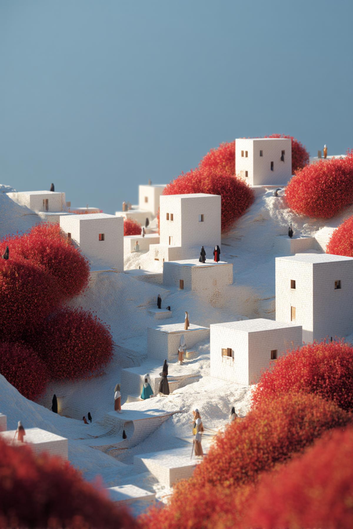 , city, village, bushes, aesthetics, minimalism, fusion, unusual figures from bushes, design, flicker, realistic image
