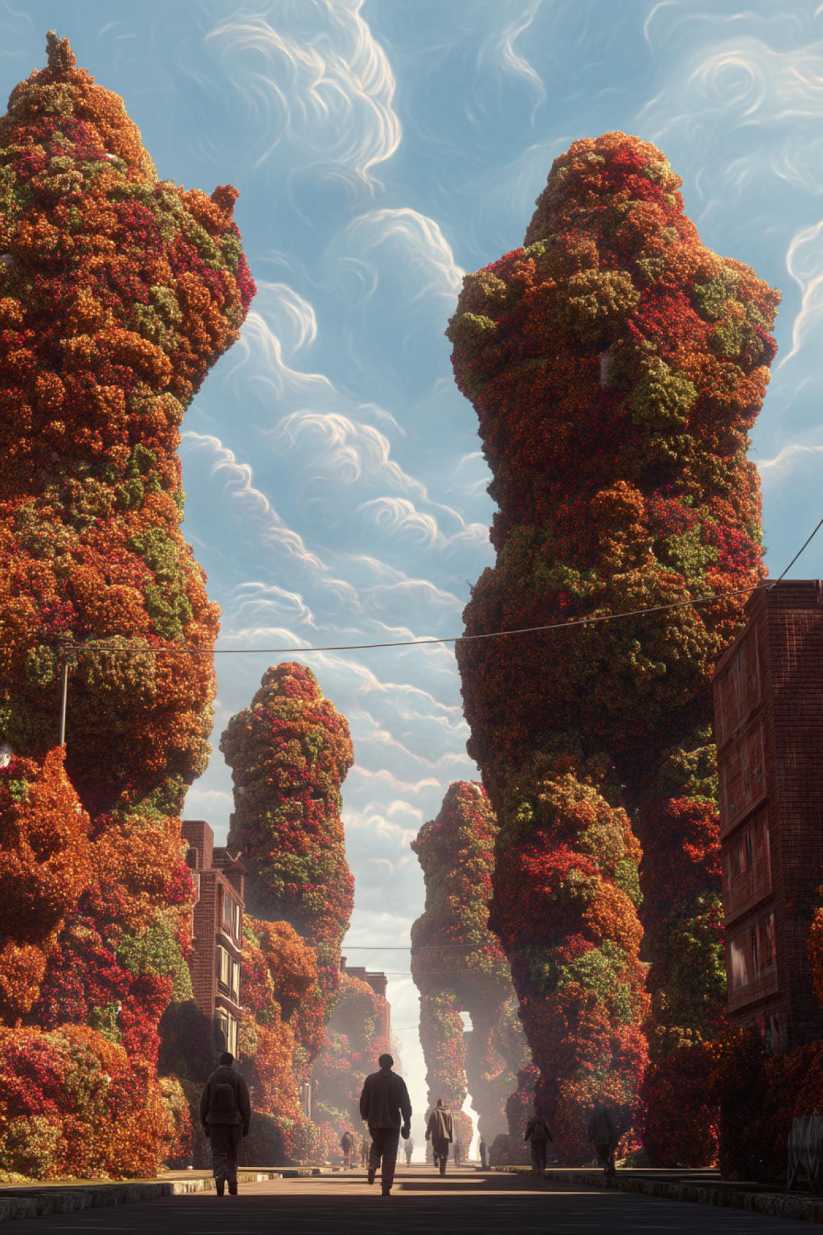 , city, village, bushes, aesthetics, fusion, unusual figures from bushes, design, flicker, realistic image, psychedelic