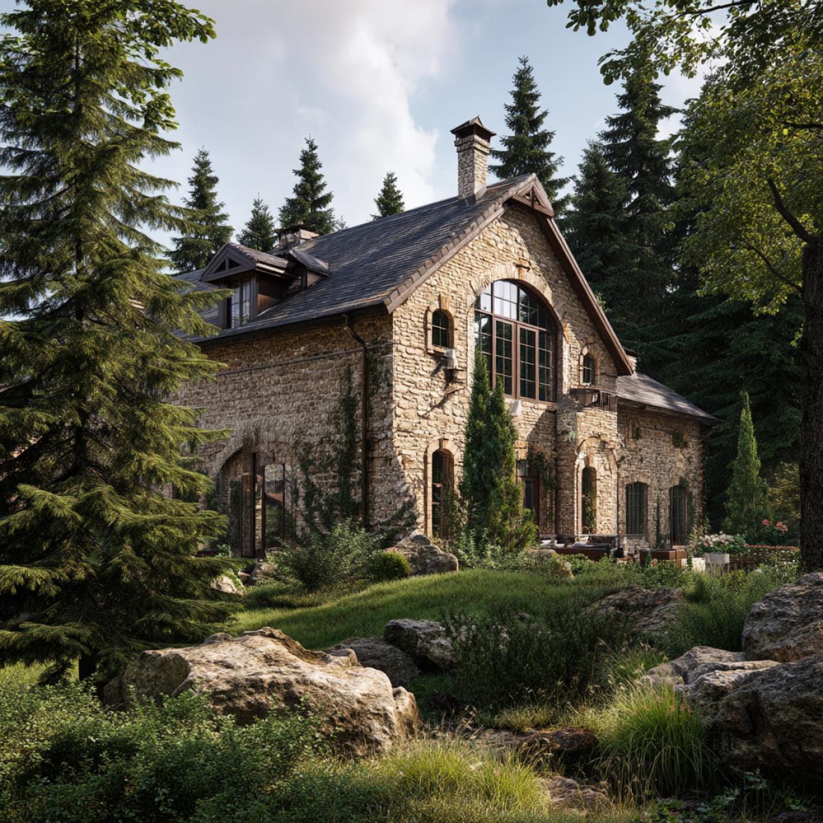 A country house made of natural stone, a beautiful landscape and architecture, harmony among themselves, silence and comfort, a dull coniferous forest, photo Realor graphics, high mortalization