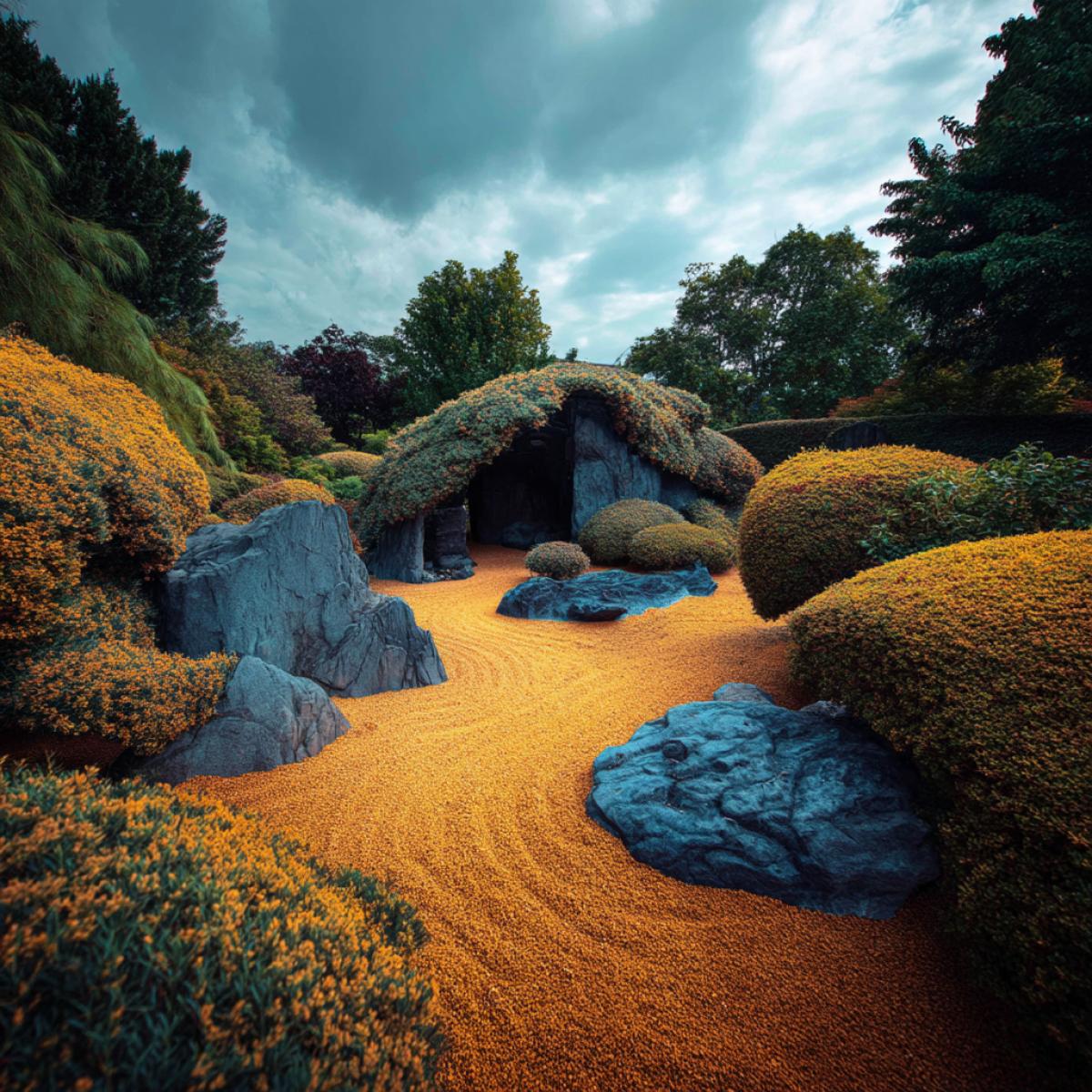 Winner of the Best Landscape Design Photography Contest. The photo features an Eastern-style rock garden. At the center of the com4k and the cameras focus is a bush trimmed to resemble a zombie forcefully emerging from the ground. The bush creates a full impression of a zombie halfway risen from its grave. A very precise and detailed work.