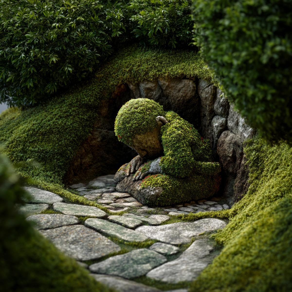 Winner of the Best Landscape Design Photography Contest. The photo features an Eastern-style rock garden. At the center of the com4k and the cameras focus is a bush trimmed to resemble a zombie forcefully emerging from the ground. The bush creates a full impression of a zombie halfway risen from its grave. A very precise and detailed work.